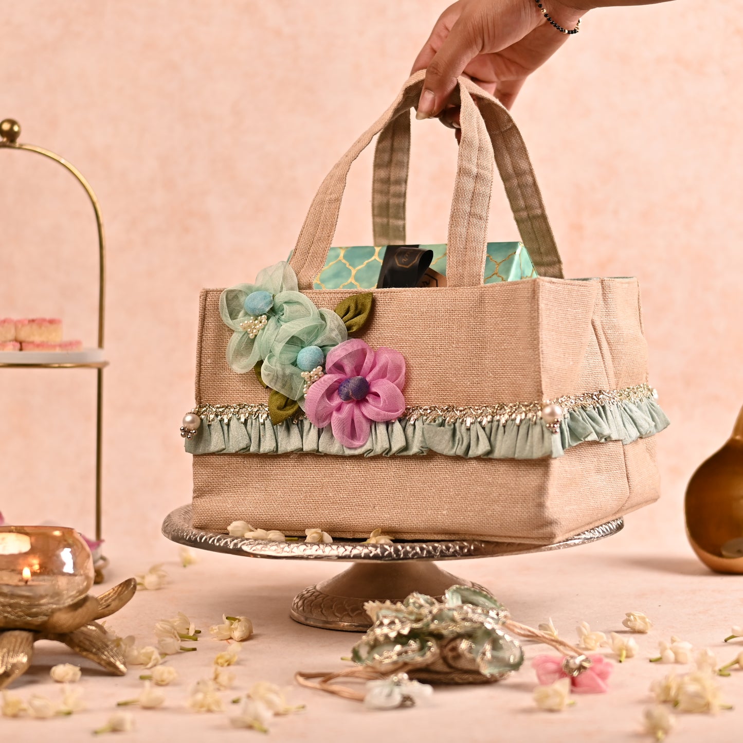 Jute Hamper Bag with Wooden Base and Handcrafted Floral Detailing