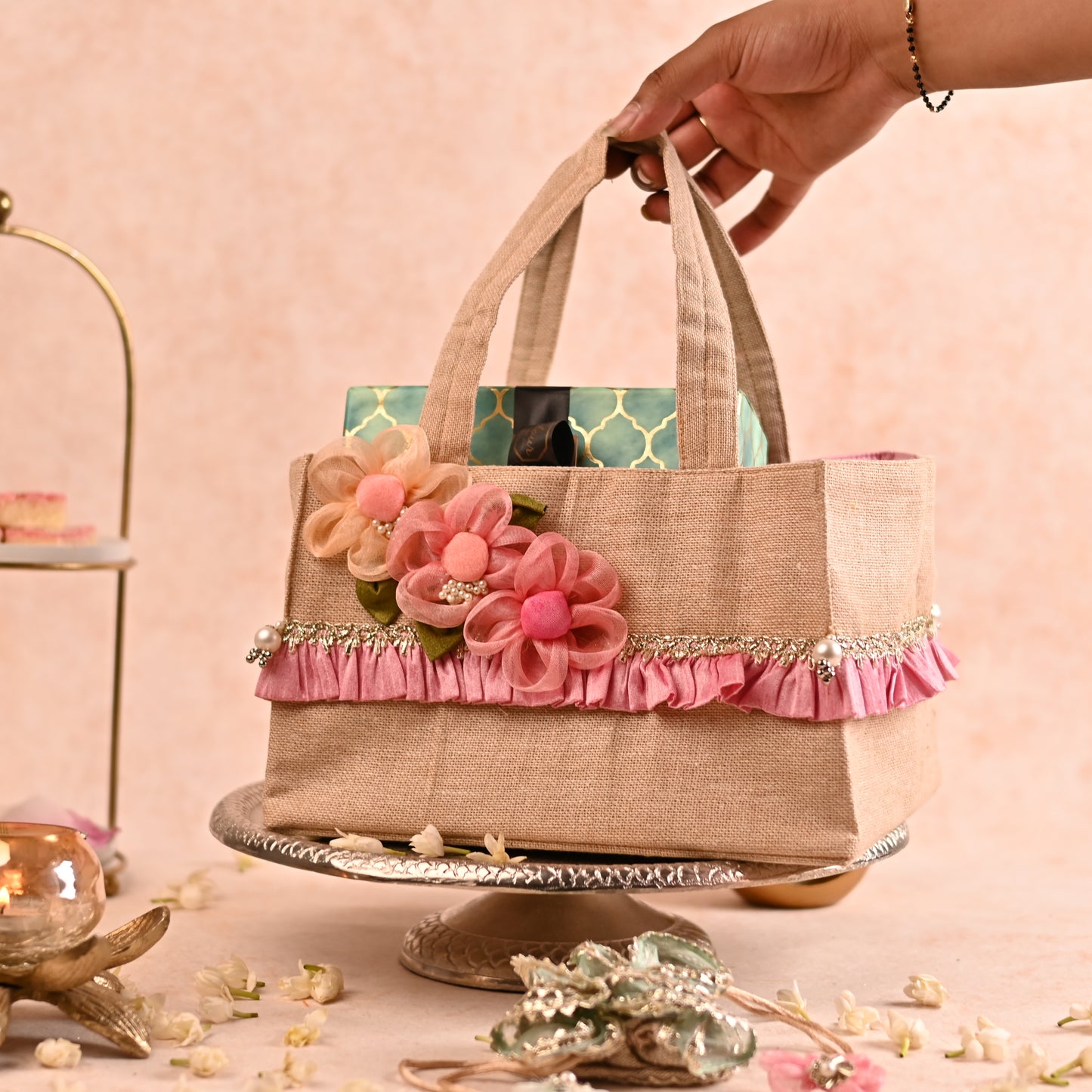 Jute Hamper Bag with Wooden Base and Handcrafted Floral Detailing