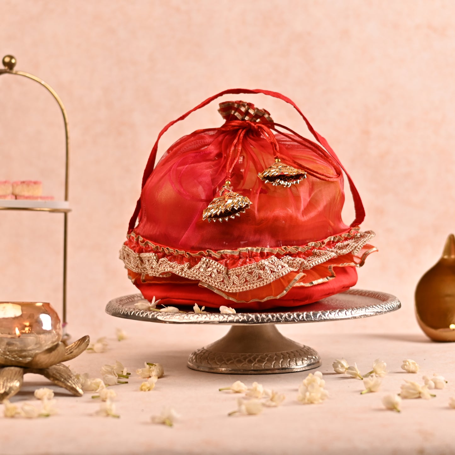 Round Red Basket-Style Potli Hamper Bag