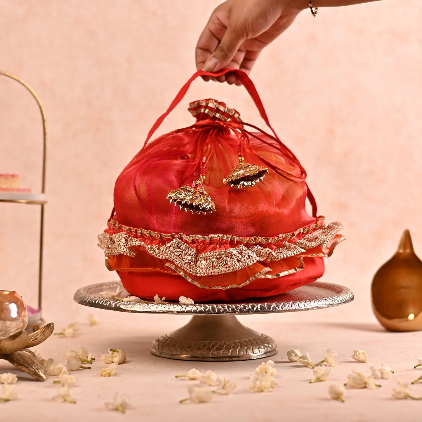 Round Red Basket-Style Potli Hamper Bag