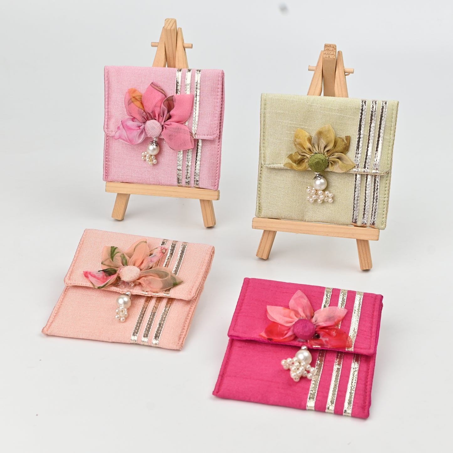 Banaavat Essence Silk Coin Pouch Set of 2 – Handcrafted Sunflower Flap & Pearl Embellishments (3.5"x3.5")