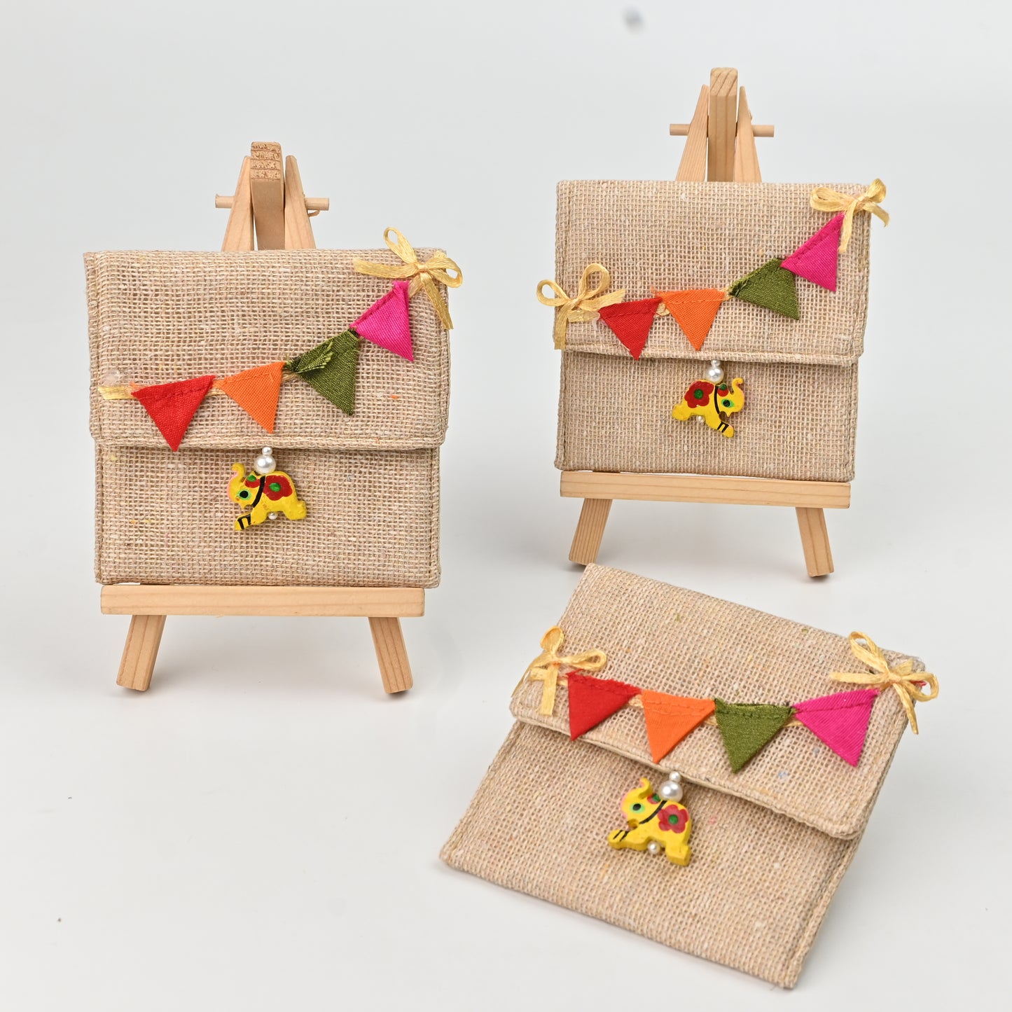 Kids Themed Jute Gifting Pouch – Bunting Flap & Elephant Tassels (3.5"x3.5") | Set of 2