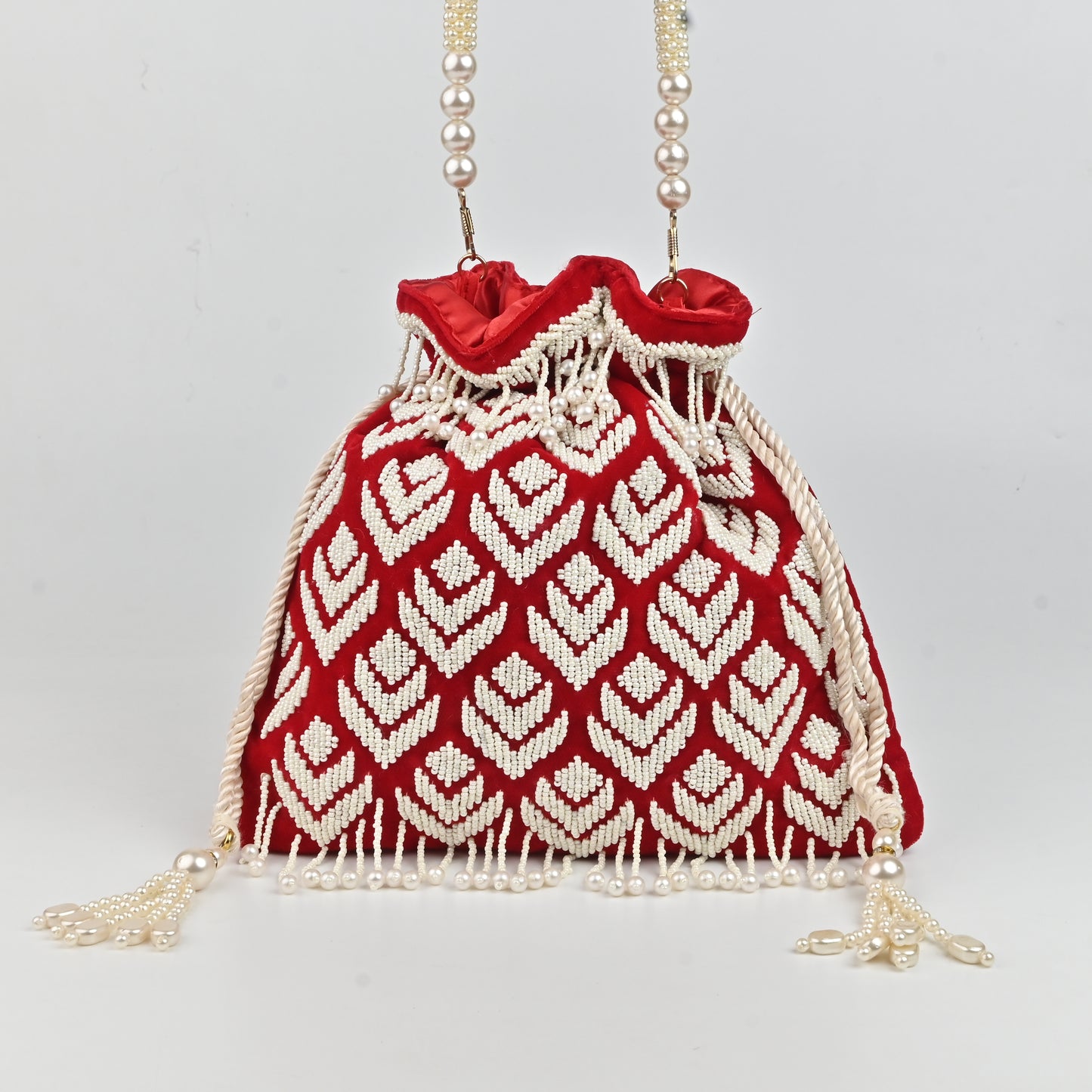 Banaavat Essence Red Velvet Potli – Pearl Barfi Detailing & Pearl Handle