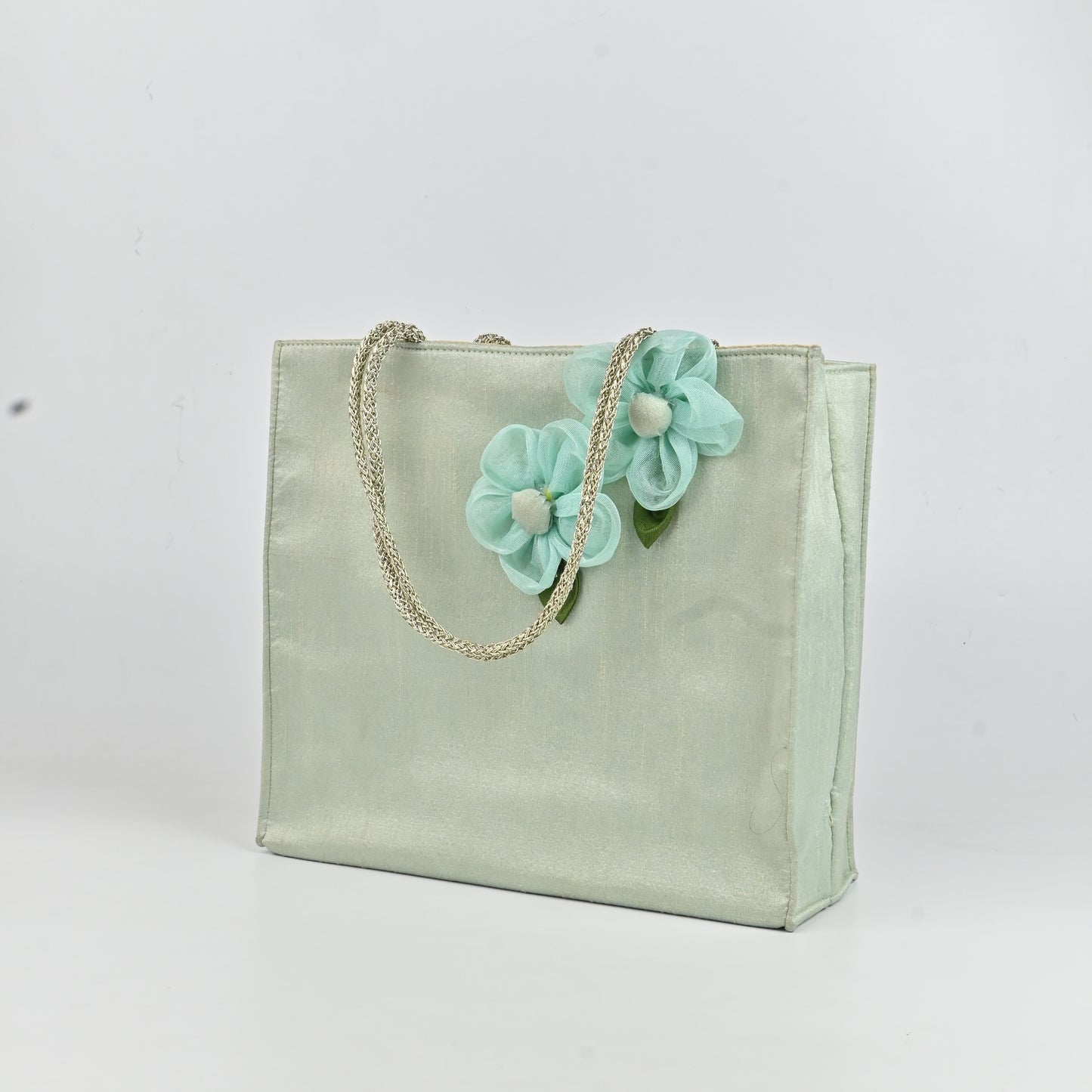 Banaavat Essence Dupion Silk Hamper Bag – Handcrafted Floral & Golden Dori Handle (9.5"x8.5"x3.2")