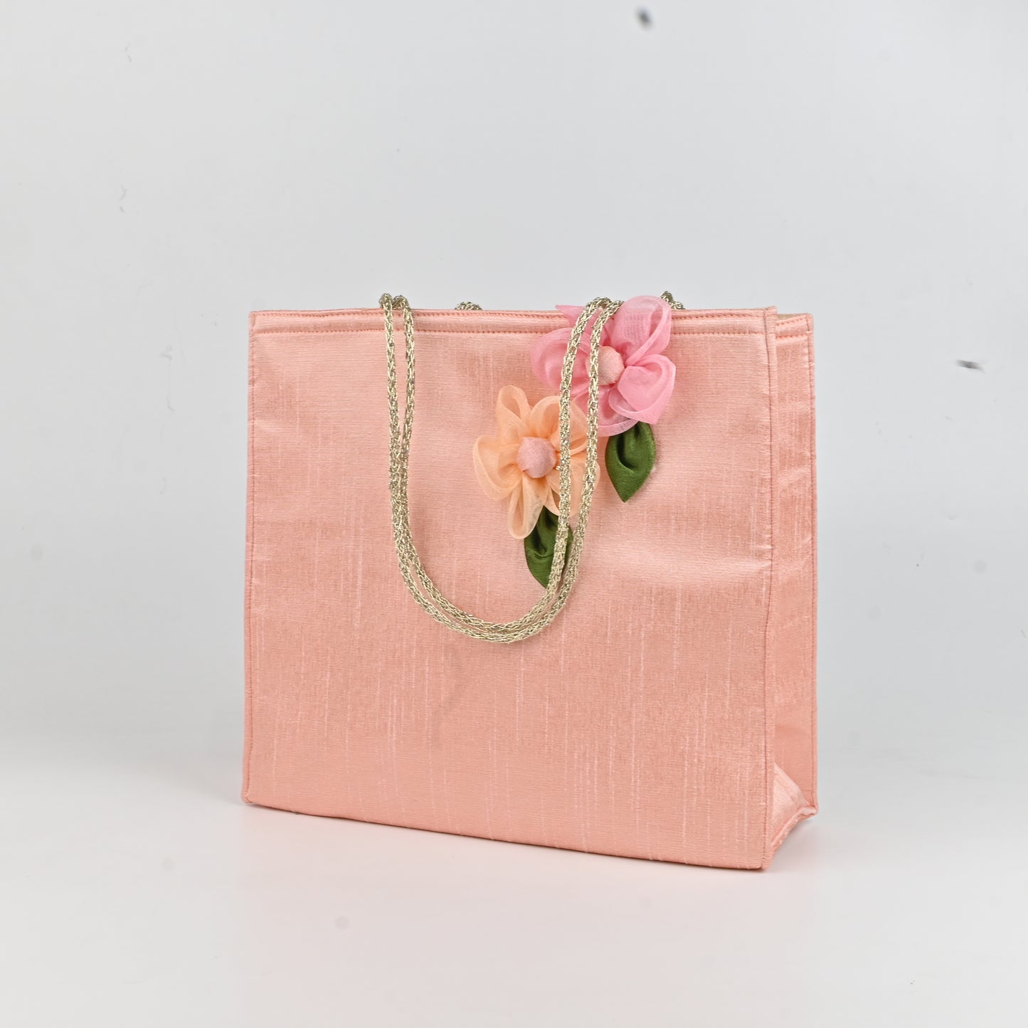 Banaavat Essence Dupion Silk Hamper Bag – Handcrafted Floral & Golden Dori Handle (9.5"x8.5"x3.2")