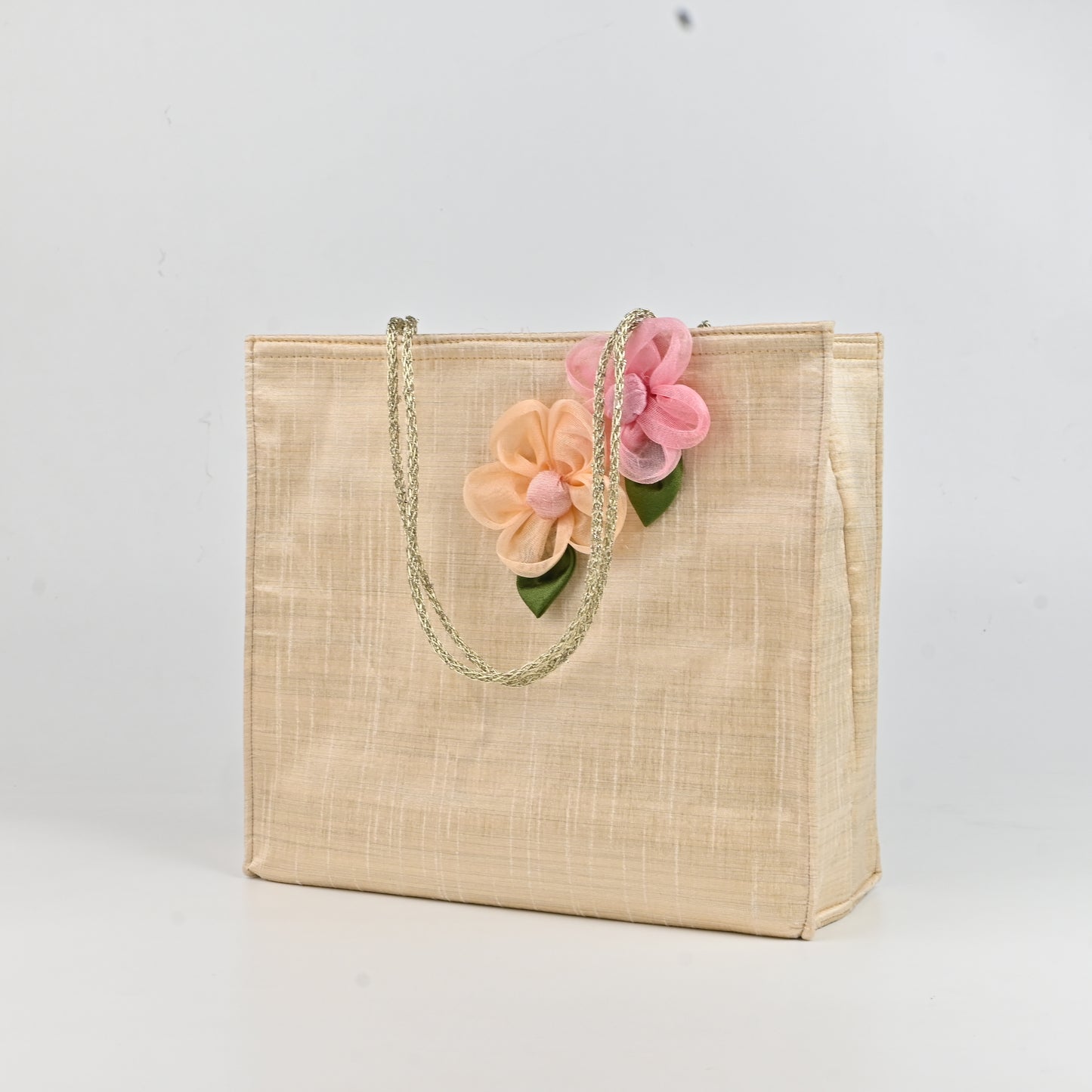 Banaavat Essence Dupion Silk Hamper Bag – Handcrafted Floral & Golden Dori Handle (9.5"x8.5"x3.2")