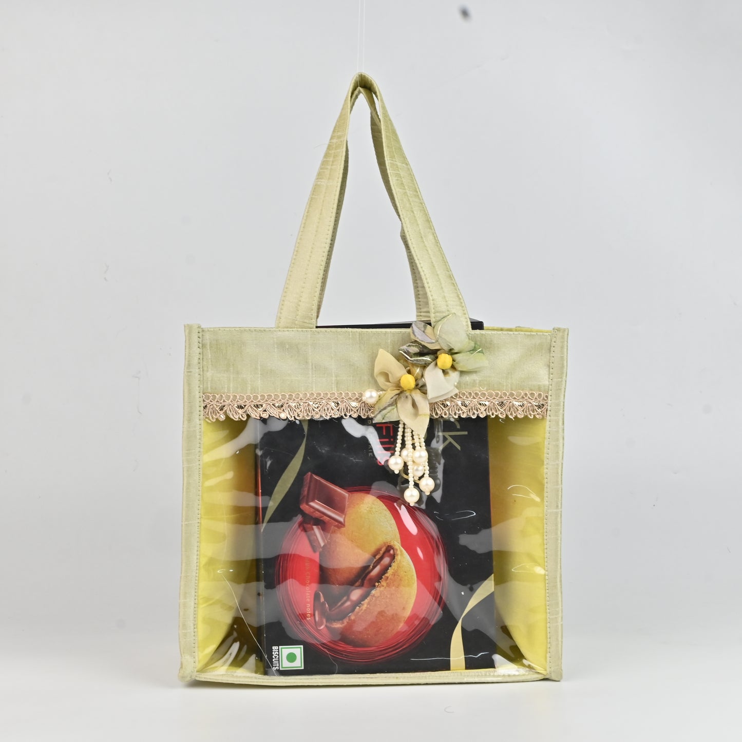 Banaavat Essence Dupion Silk Room Hamper – Transparent Front & Handcrafted Flower (9"x8.5"x5.5")