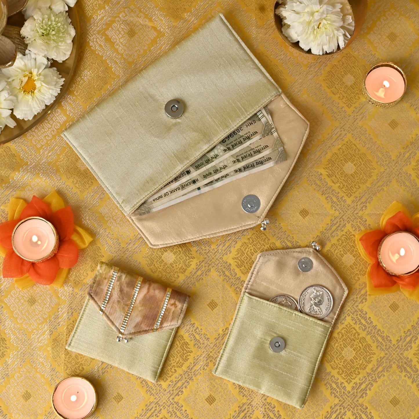 Banaavat Essence Natural Dyed Coin Pouch Set – Rose & Marigold Flap with Gota Embellishment (3.5"x3.5")