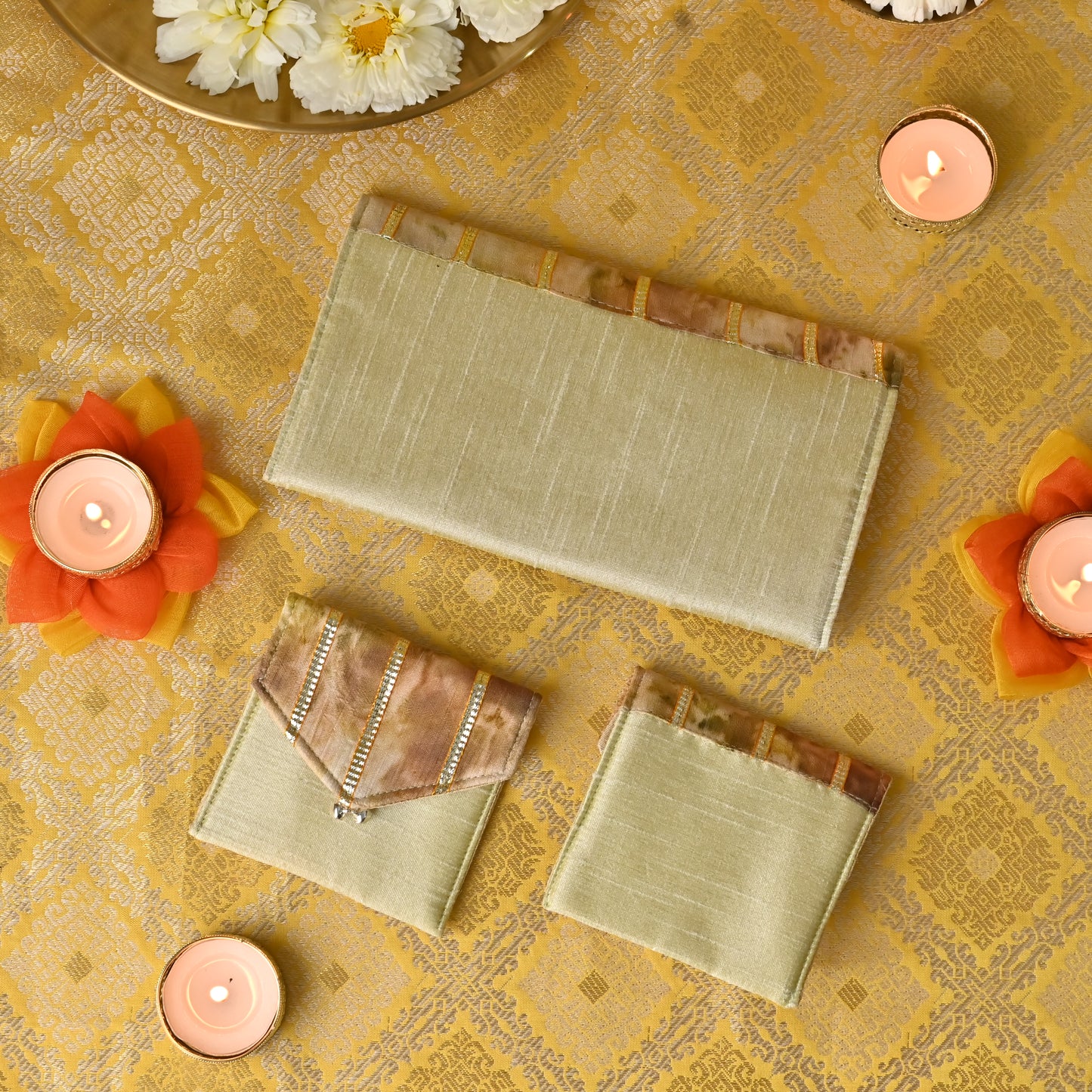 Banaavat Essence Natural Dyed Coin Pouch Set – Rose & Marigold Flap with Gota Embellishment (3.5"x3.5")