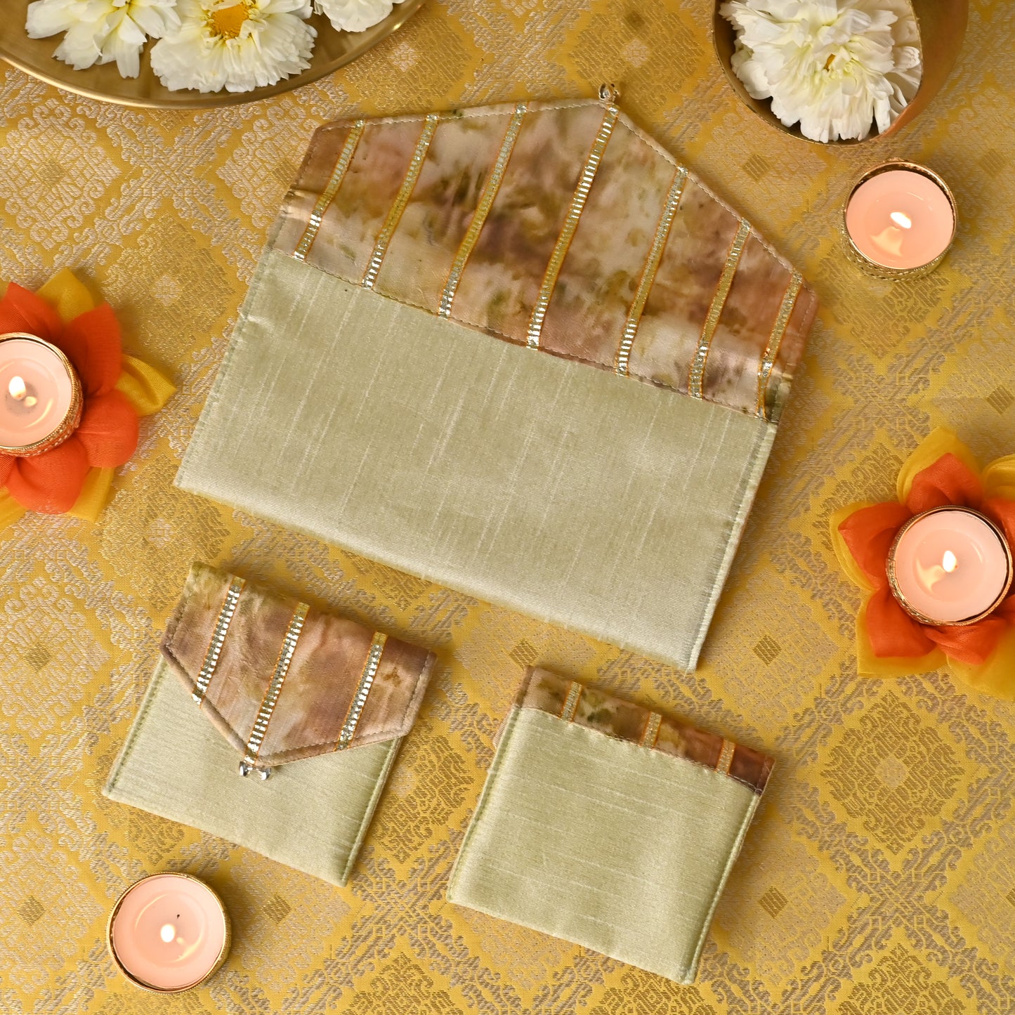 Banaavat Essence Natural Dyed Coin Pouch Set – Rose & Marigold Flap with Gota Embellishment (3.5"x3.5")