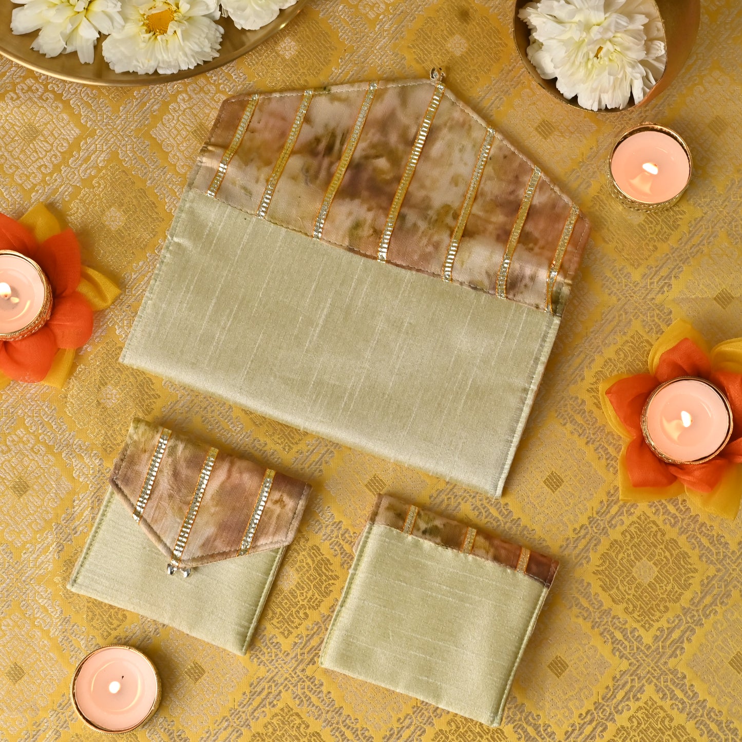 Banaavat Essence Natural Dyed Coin Pouch Set – Rose & Marigold Flap with Gota Embellishment (3.5"x3.5")