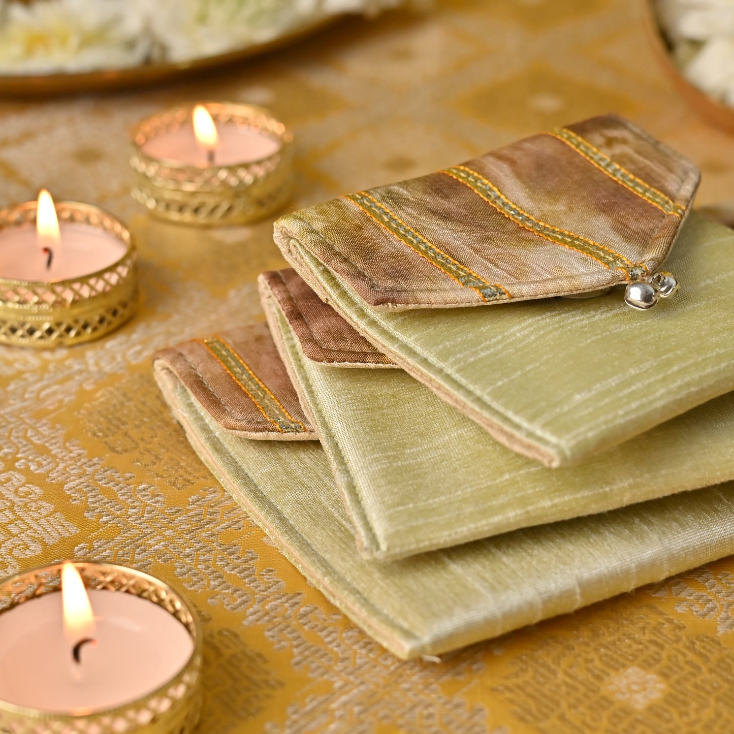 Banaavat Essence Natural Dyed Coin Pouch Set – Rose & Marigold Flap with Gota Embellishment (3.5"x3.5")