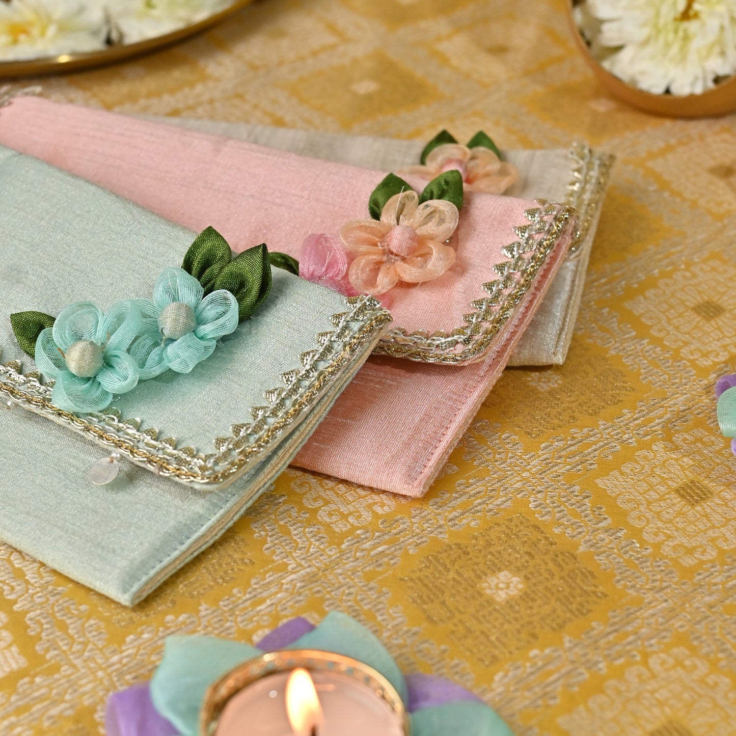 Banaavat Handcrafted Floral Envelope set — shibori flap silk body envelope wedding favor — Banaavat