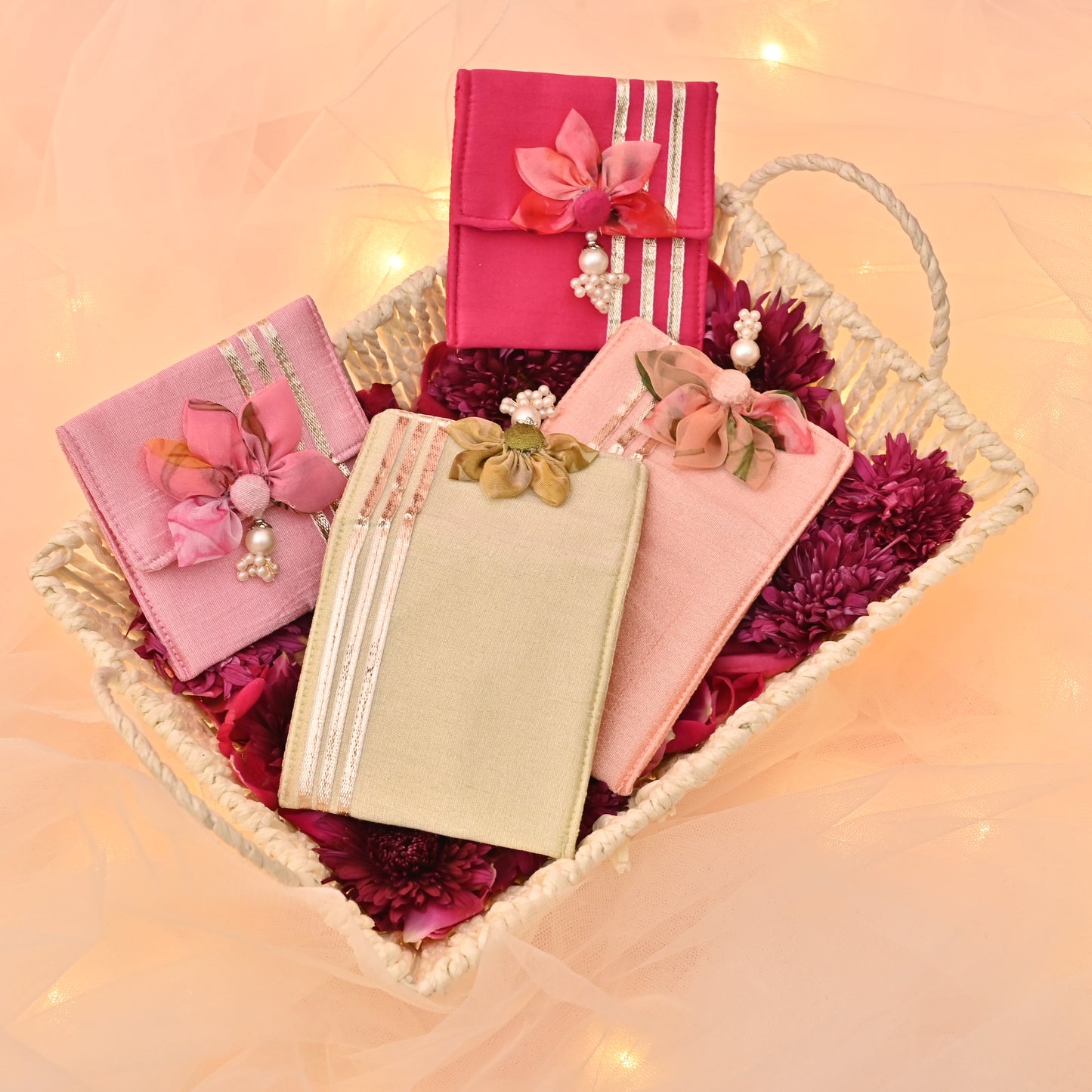 Banaavat Essence Silk Coin Pouch Set of 2 – Handcrafted Sunflower Flap & Pearl Embellishments (3.5"x3.5")