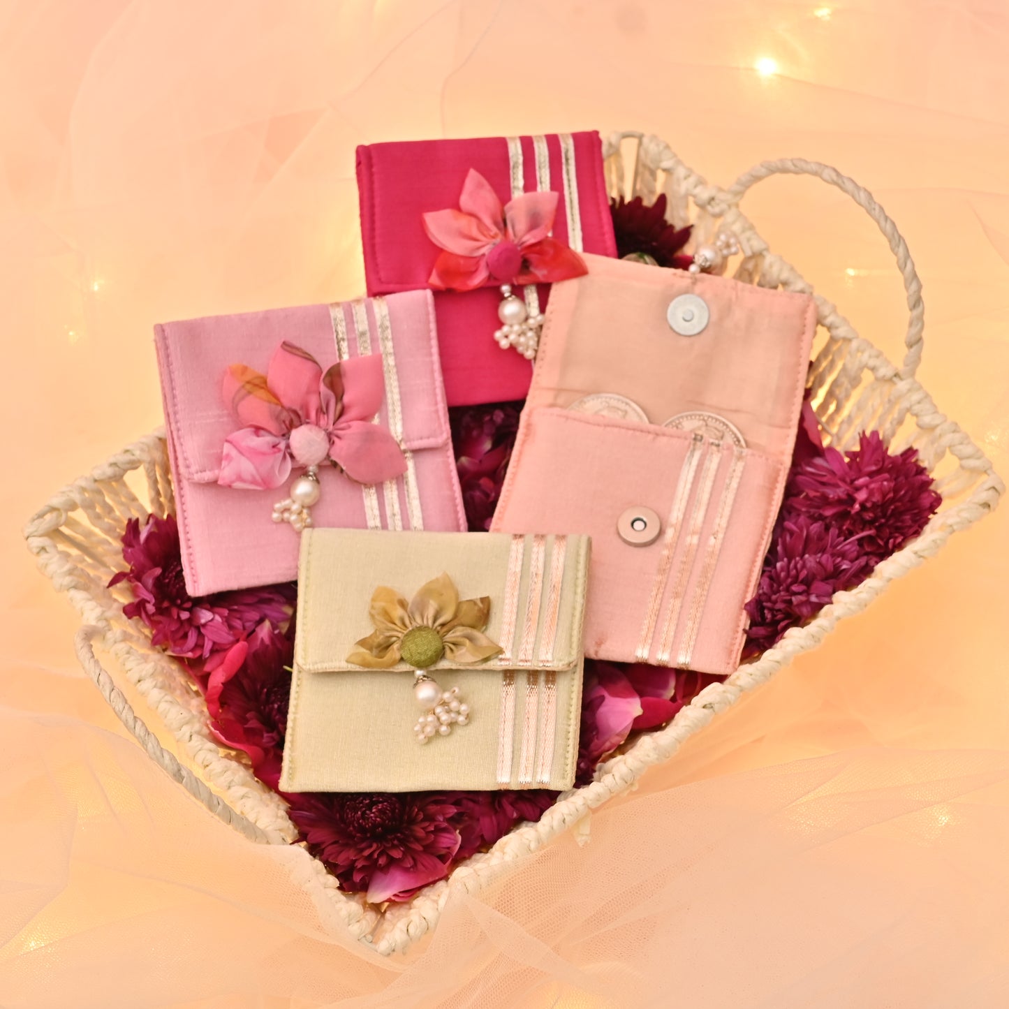 Banaavat Essence Silk Coin Pouch Set of 2 – Handcrafted Sunflower Flap & Pearl Embellishments (3.5"x3.5")