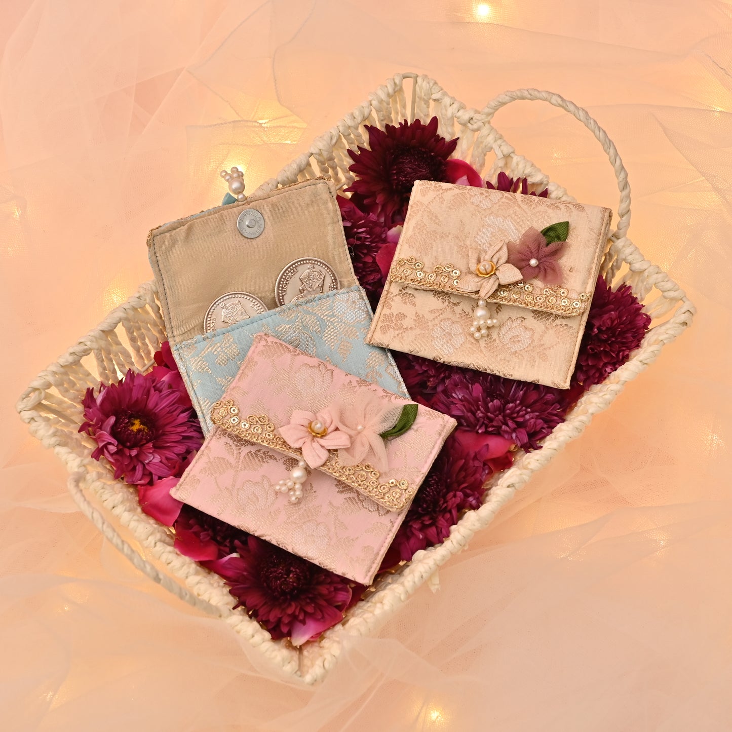 Brocade Coin Pouch – Handcrafted Floral , Foam Padded (Set of 3: Blue, Beige, Pink)