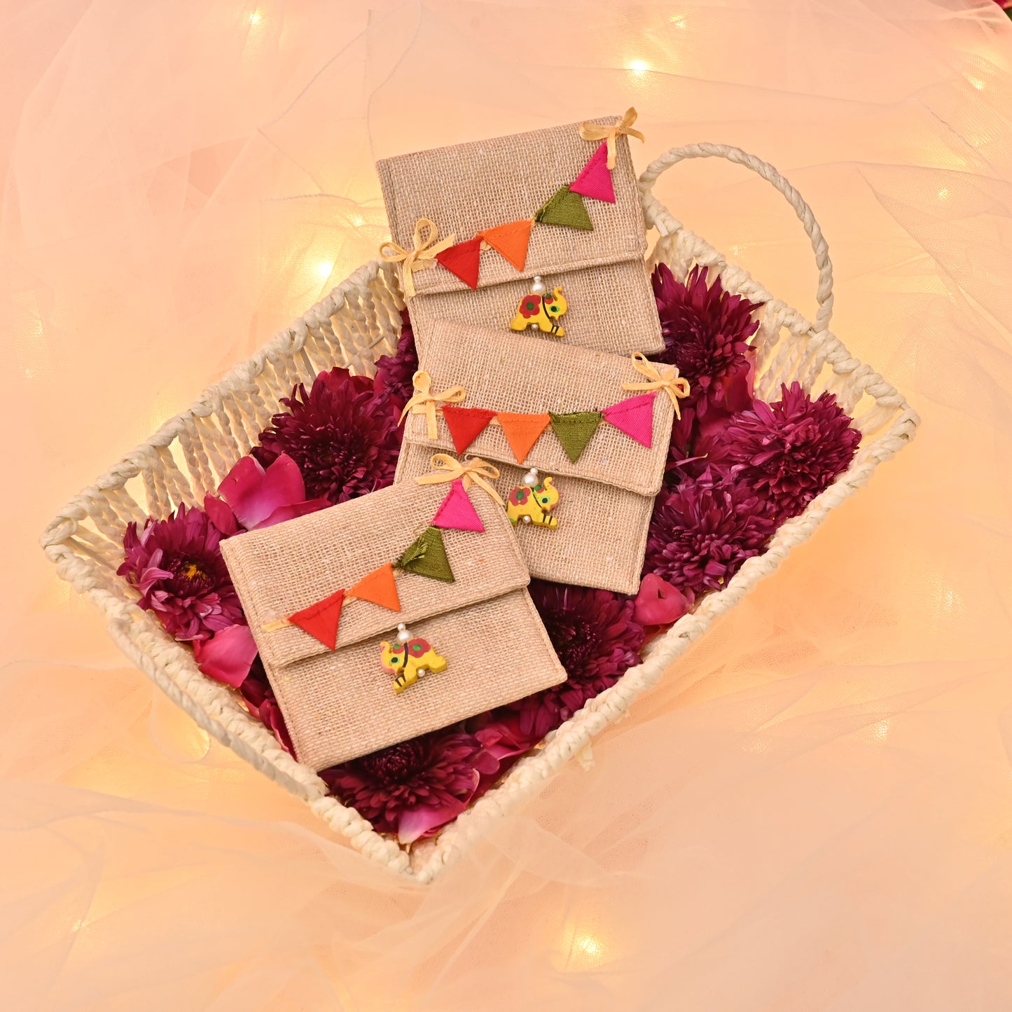 Kids Themed Jute Gifting Pouch – Bunting Flap & Elephant Tassels (3.5"x3.5") | Set of 2