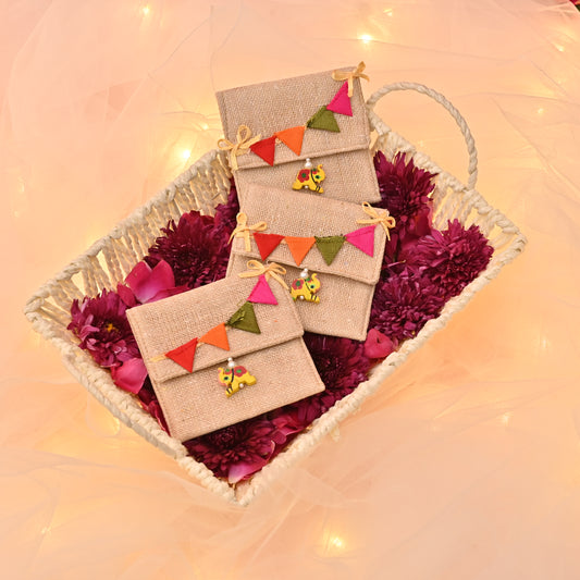 Kids Themed Jute Gifting Pouch – Bunting Flap & Elephant Tassels (3.5"x3.5") | Set of 2