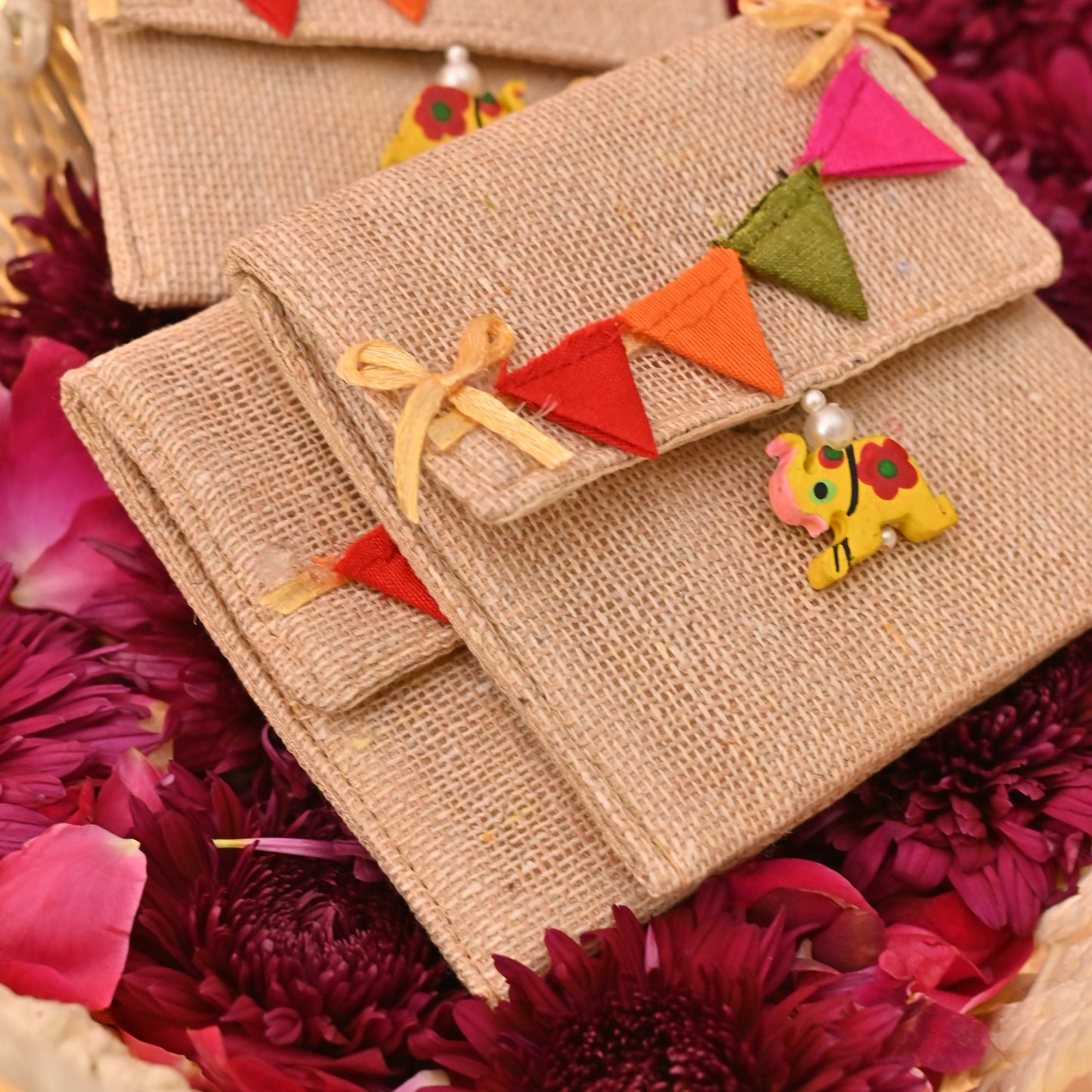 Kids Themed Jute Gifting Pouch – Bunting Flap & Elephant Tassels (3.5"x3.5") | Set of 2