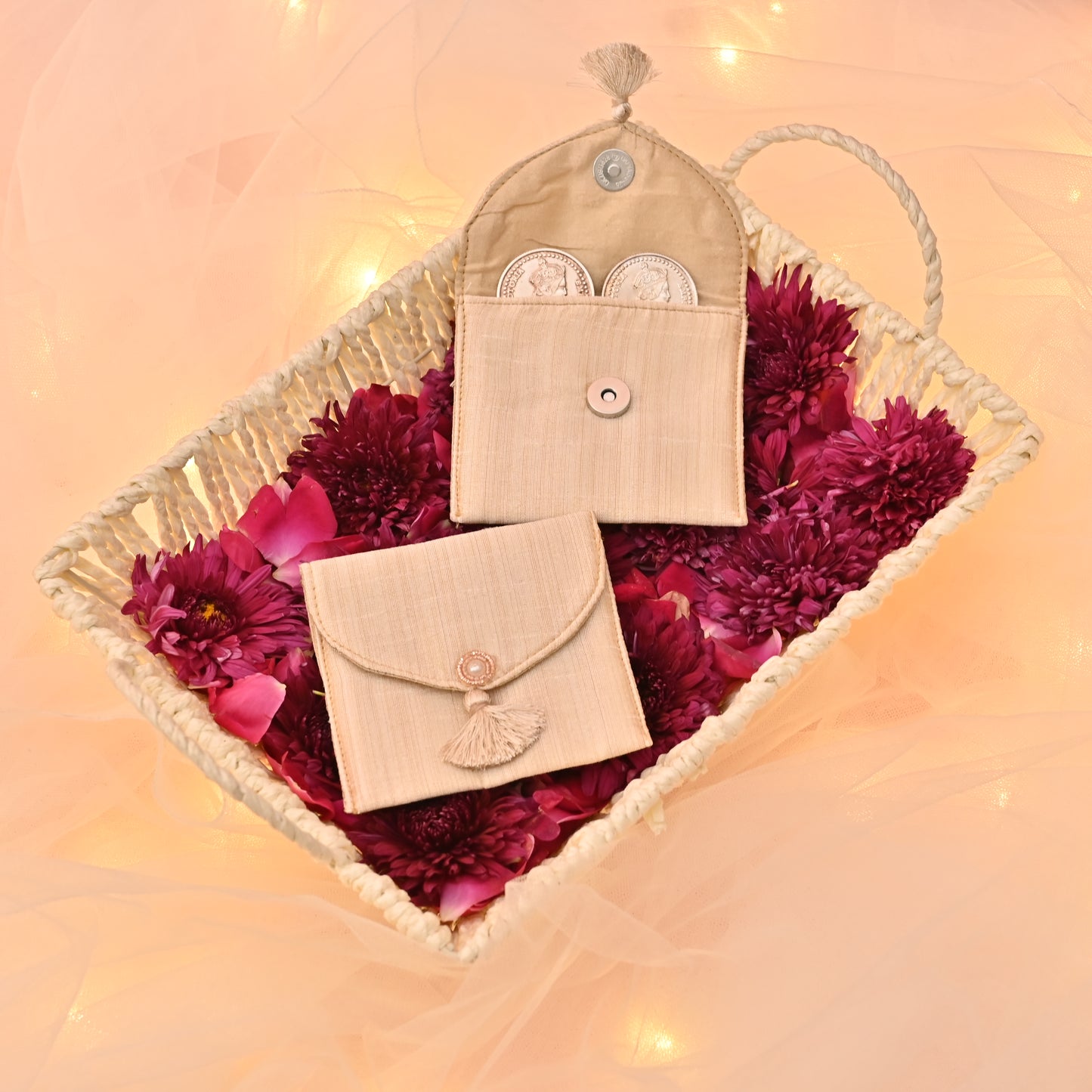 Banaavat Essence Ivory Silk Minimalist Coin Pouch – 3.5"x3.5" | Set of 2