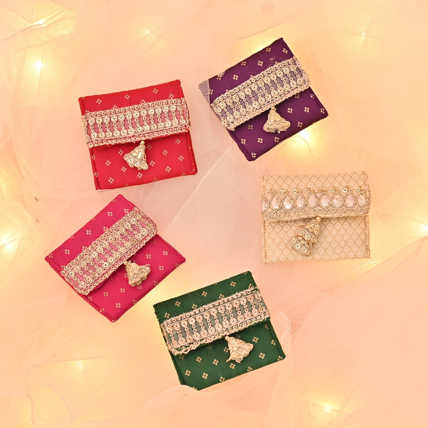 Banaavat Essence Petite Silk Coin Pouch Set – Gota Lace Detailing (2.5"x2.5", Set of 5)