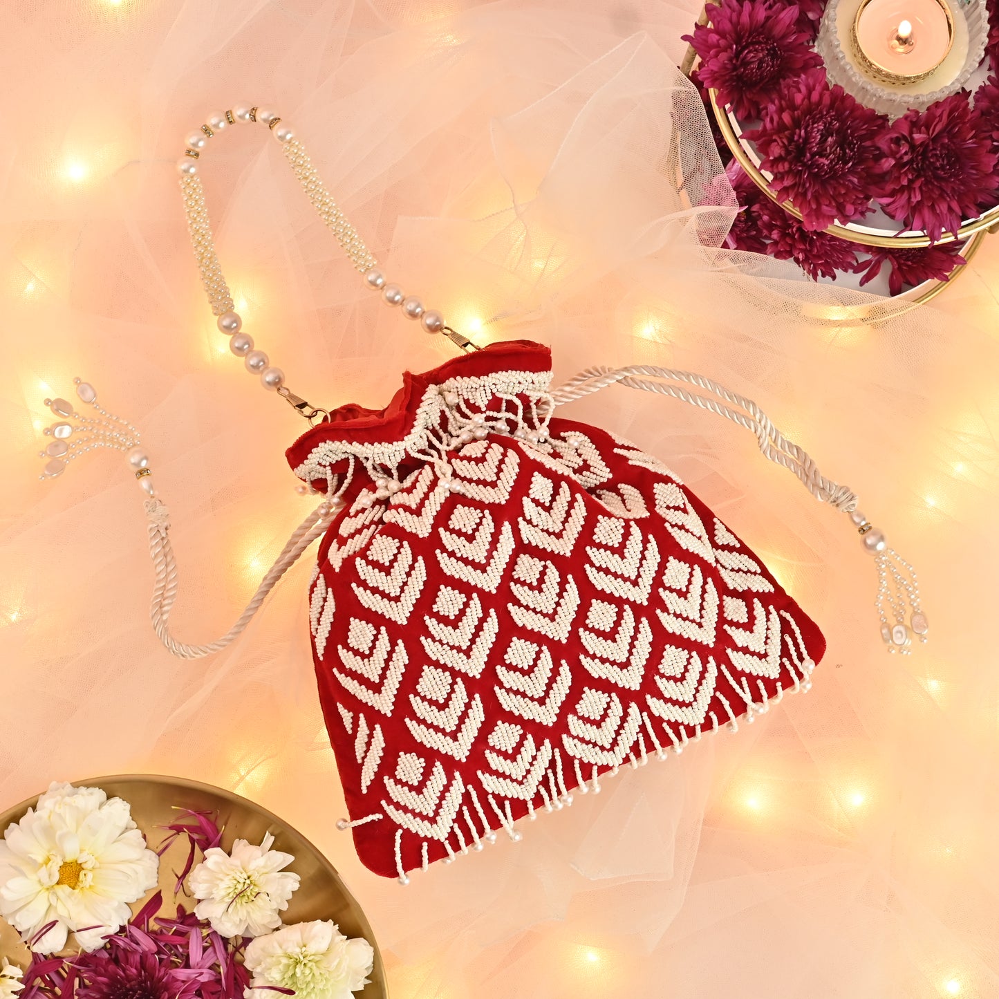 Banaavat Essence Red Velvet Potli – Pearl Barfi Detailing & Pearl Handle