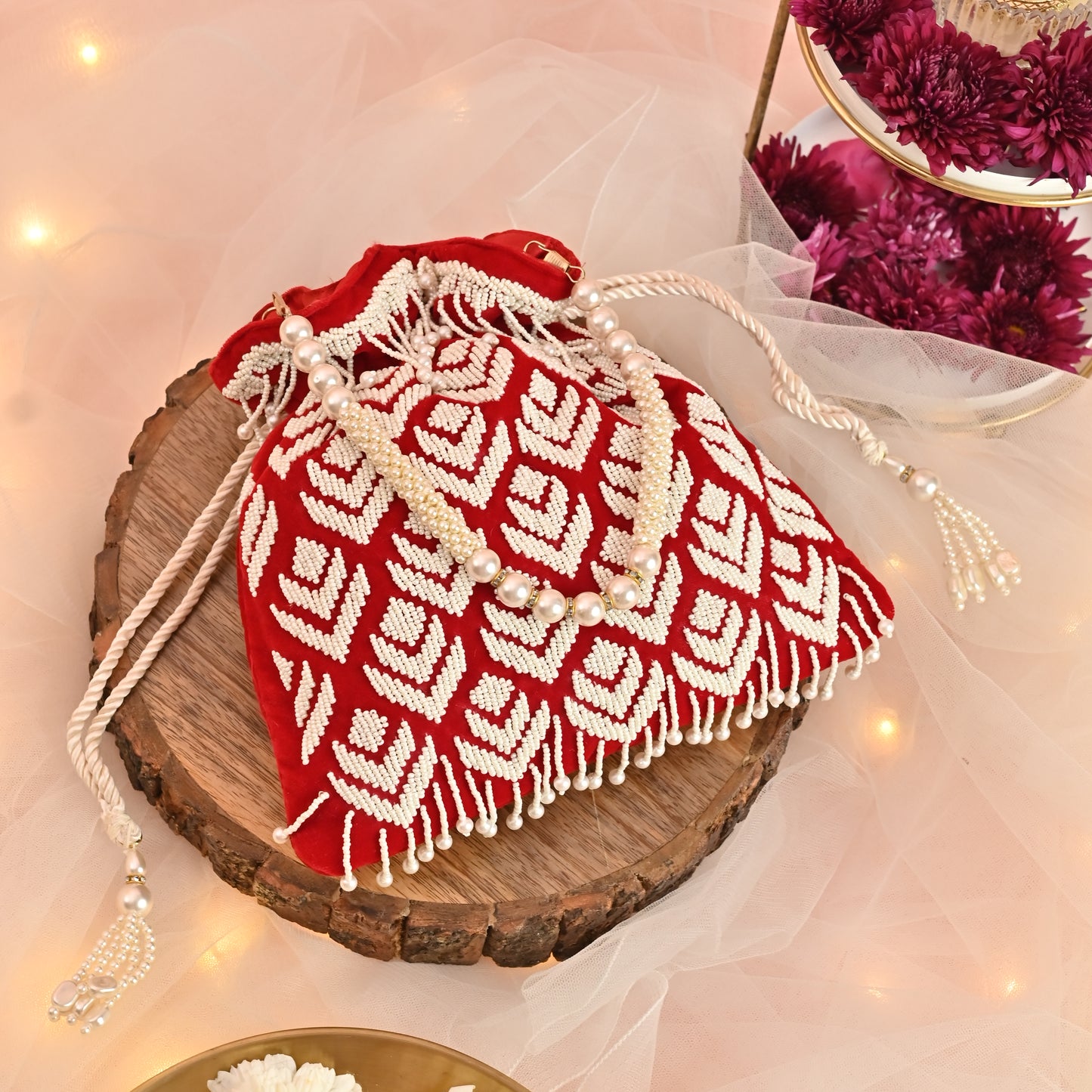 Banaavat Essence Red Velvet Potli – Pearl Barfi Detailing & Pearl Handle
