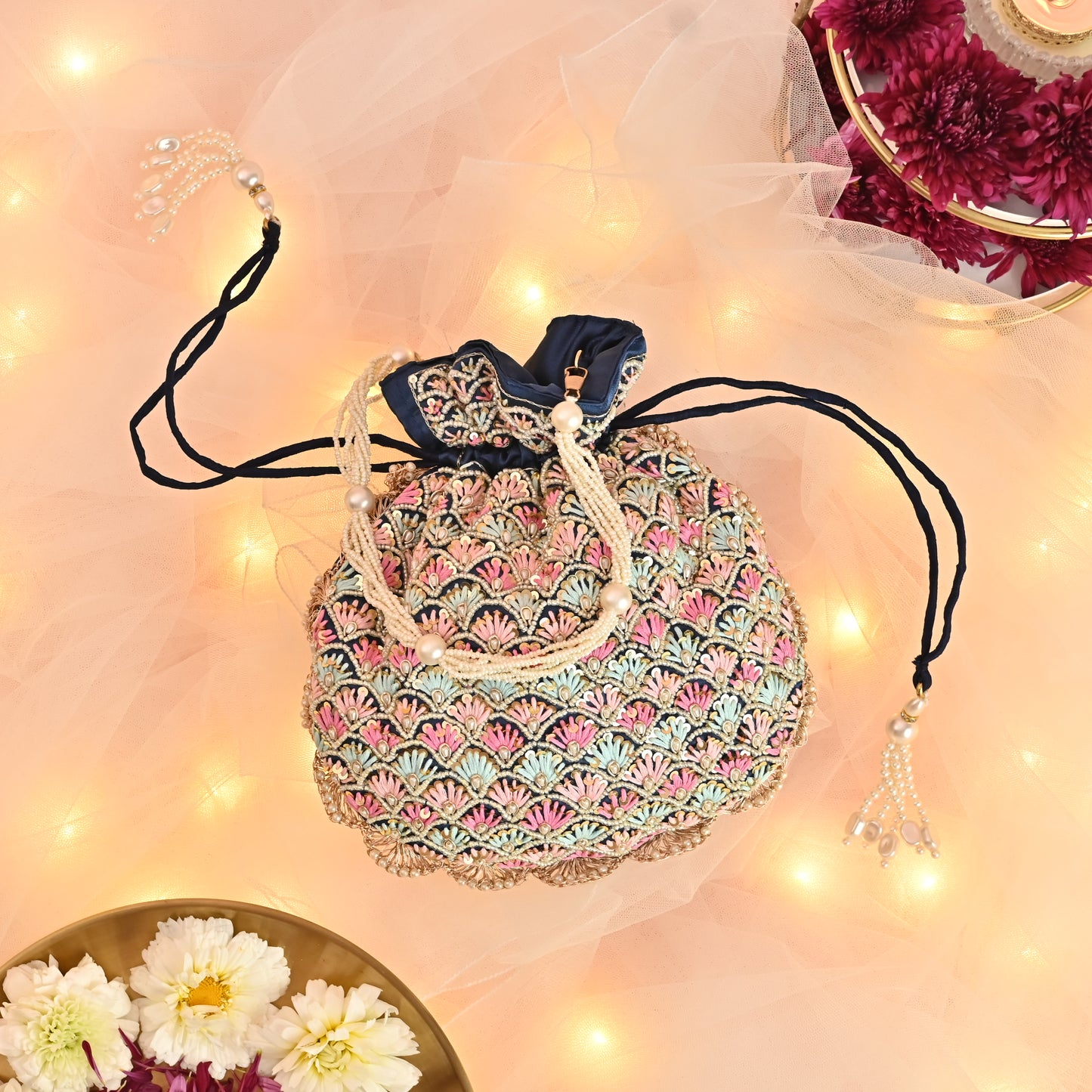 Banaavat Essence Navy Muslin Silk Potli – Multi-Color Thread Embroidery