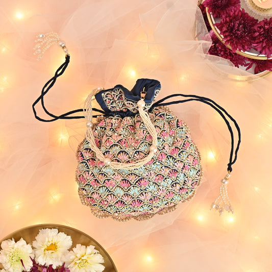 Banaavat Essence Navy Muslin Silk Potli – Multi-Color Thread Embroidery