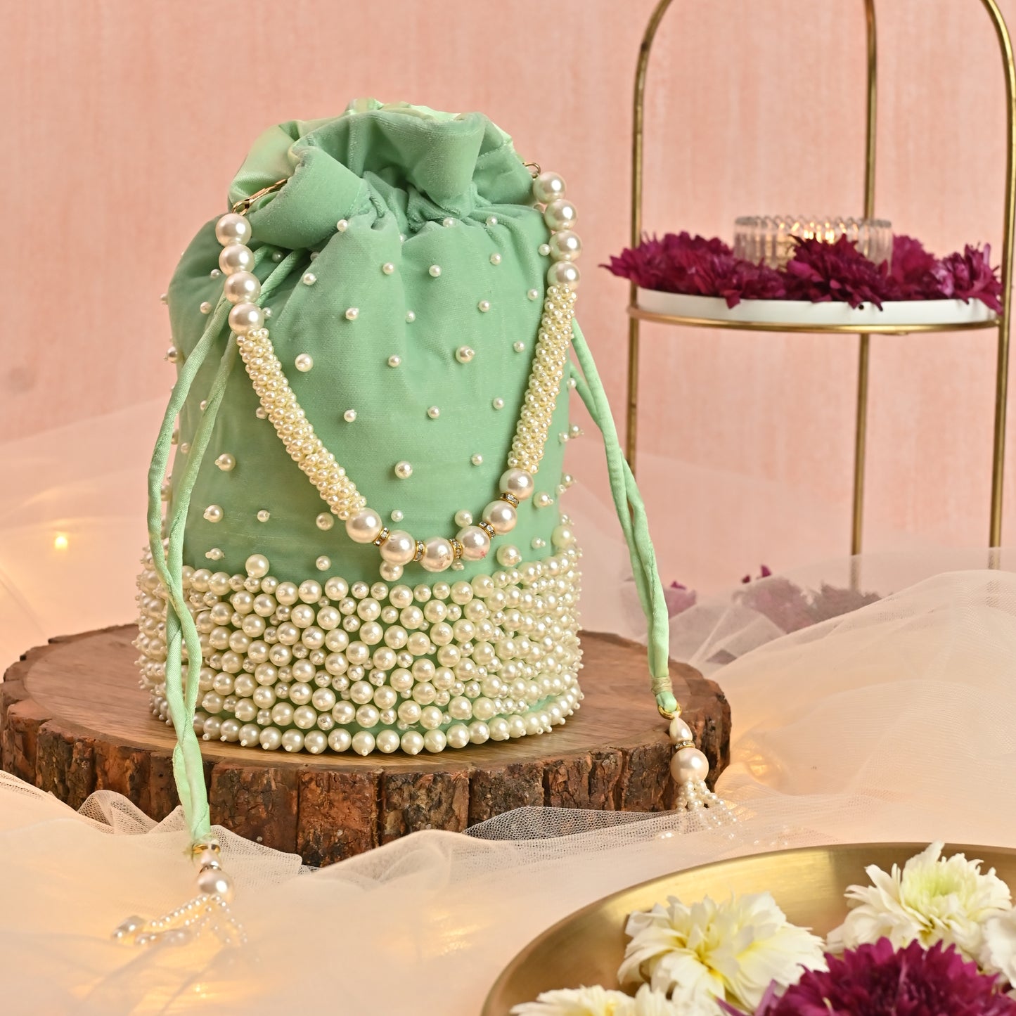 Banaavat Essence Sea Green Velvet Potli – Pearl Karigari & Cylindrical Design with Circular Base