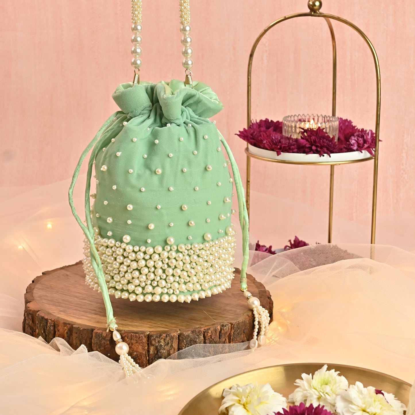 Banaavat Essence Sea Green Velvet Potli – Pearl Karigari & Cylindrical Design with Circular Base