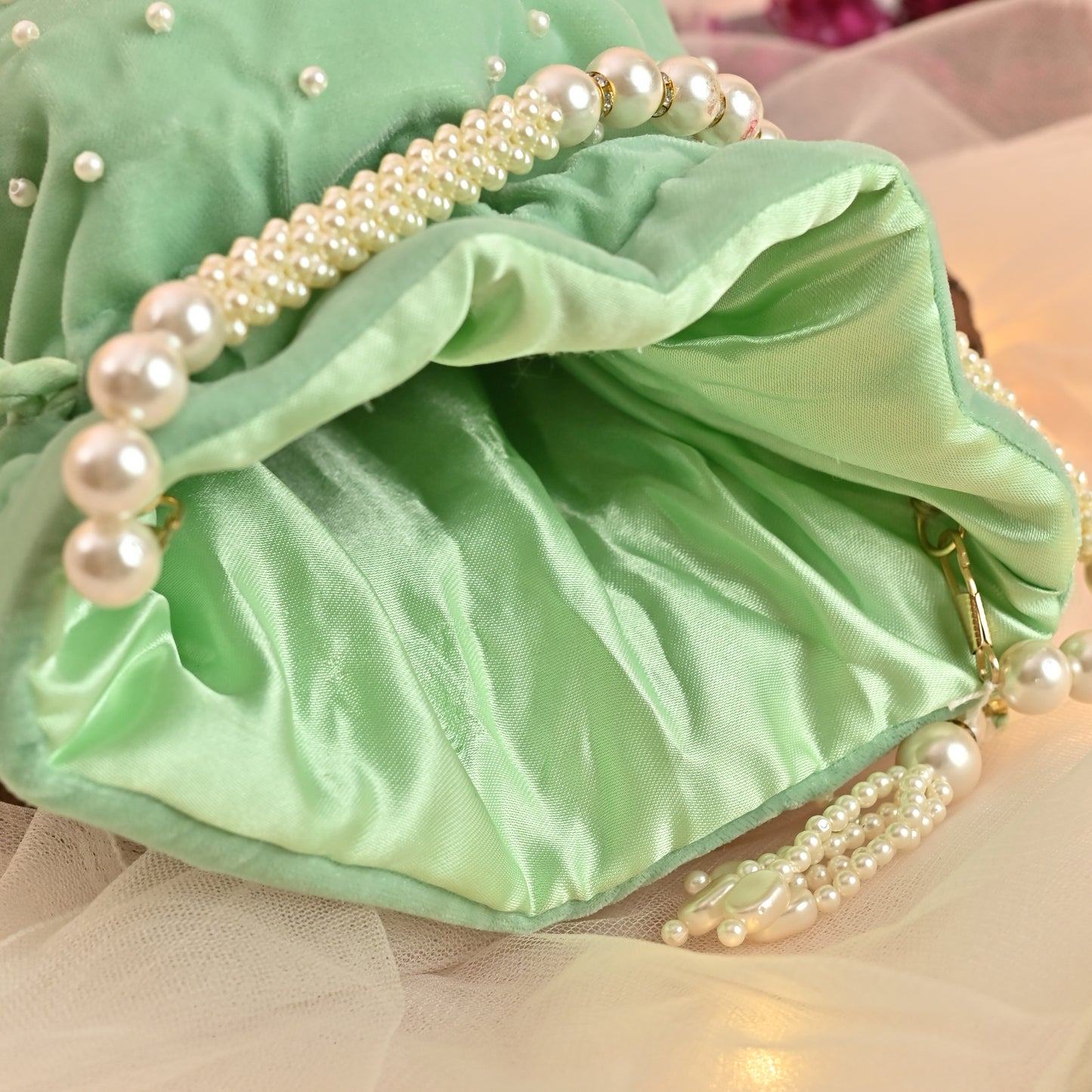 Banaavat Essence Sea Green Velvet Potli – Pearl Karigari & Cylindrical Design with Circular Base