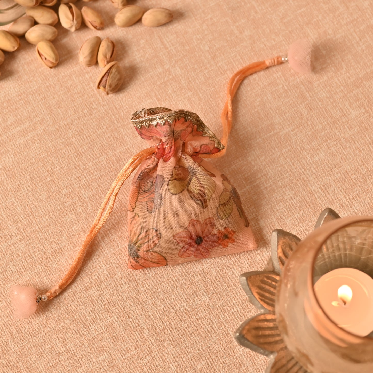 Banaavat Essence Printed Organza Potli Set – Handcrafted Drawstring (4"x3", Set of 10)