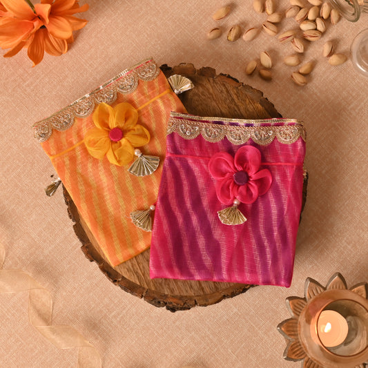 Banaavat Essence Dual Fabric Favor Potli – Floral Drawstring (6"x7")