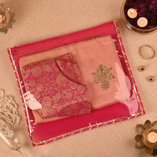 Banaavat Essence Trousseau Saree Cover – Transparent Front & Dupion Silk Back (40x40 cm)