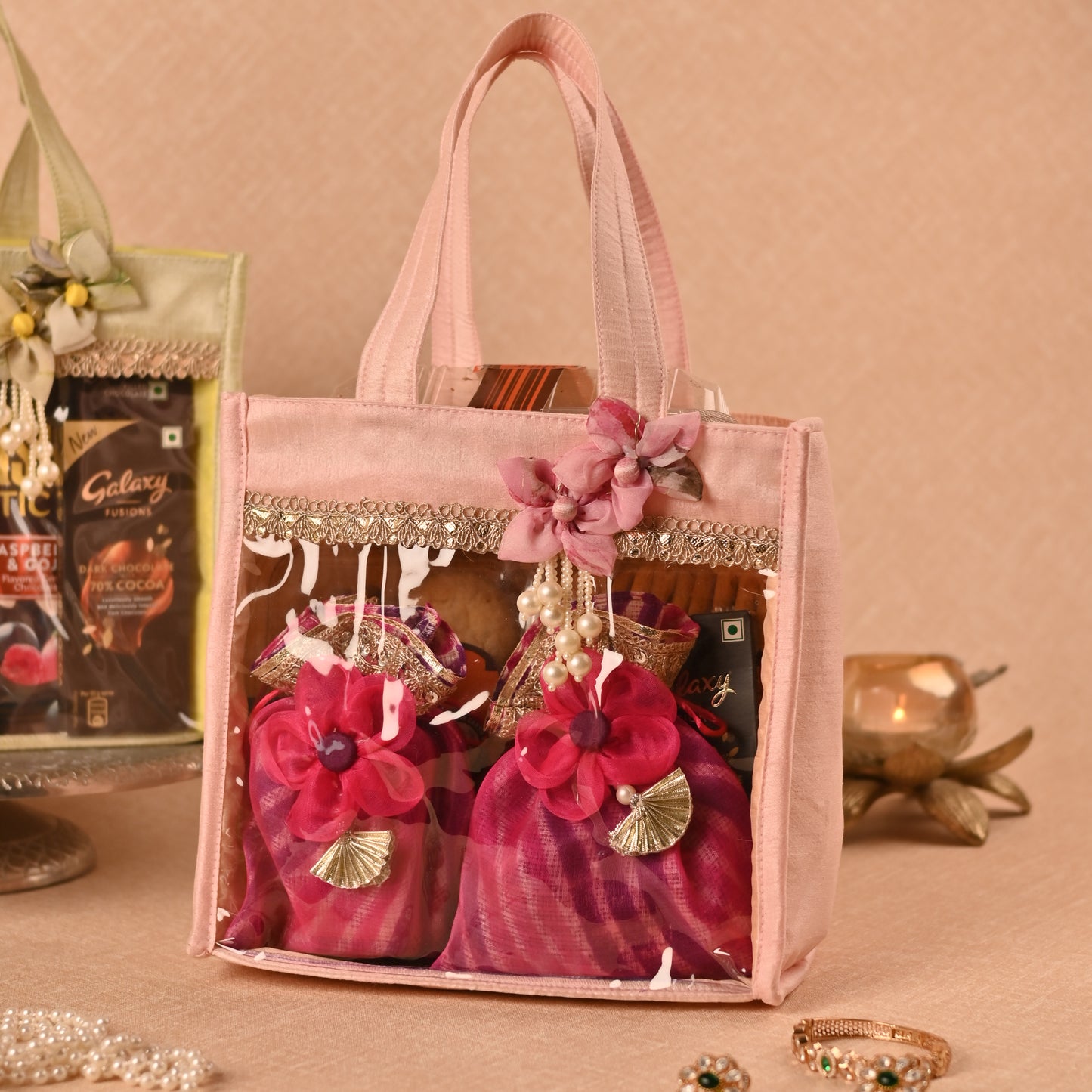 Banaavat Essence Dupion Silk Room Hamper – Transparent Front & Handcrafted Flower (9"x8.5"x5.5")