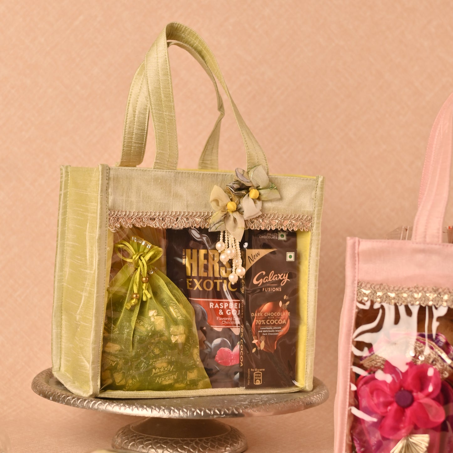 Banaavat Essence Dupion Silk Room Hamper – Transparent Front & Handcrafted Flower (9"x8.5"x5.5")