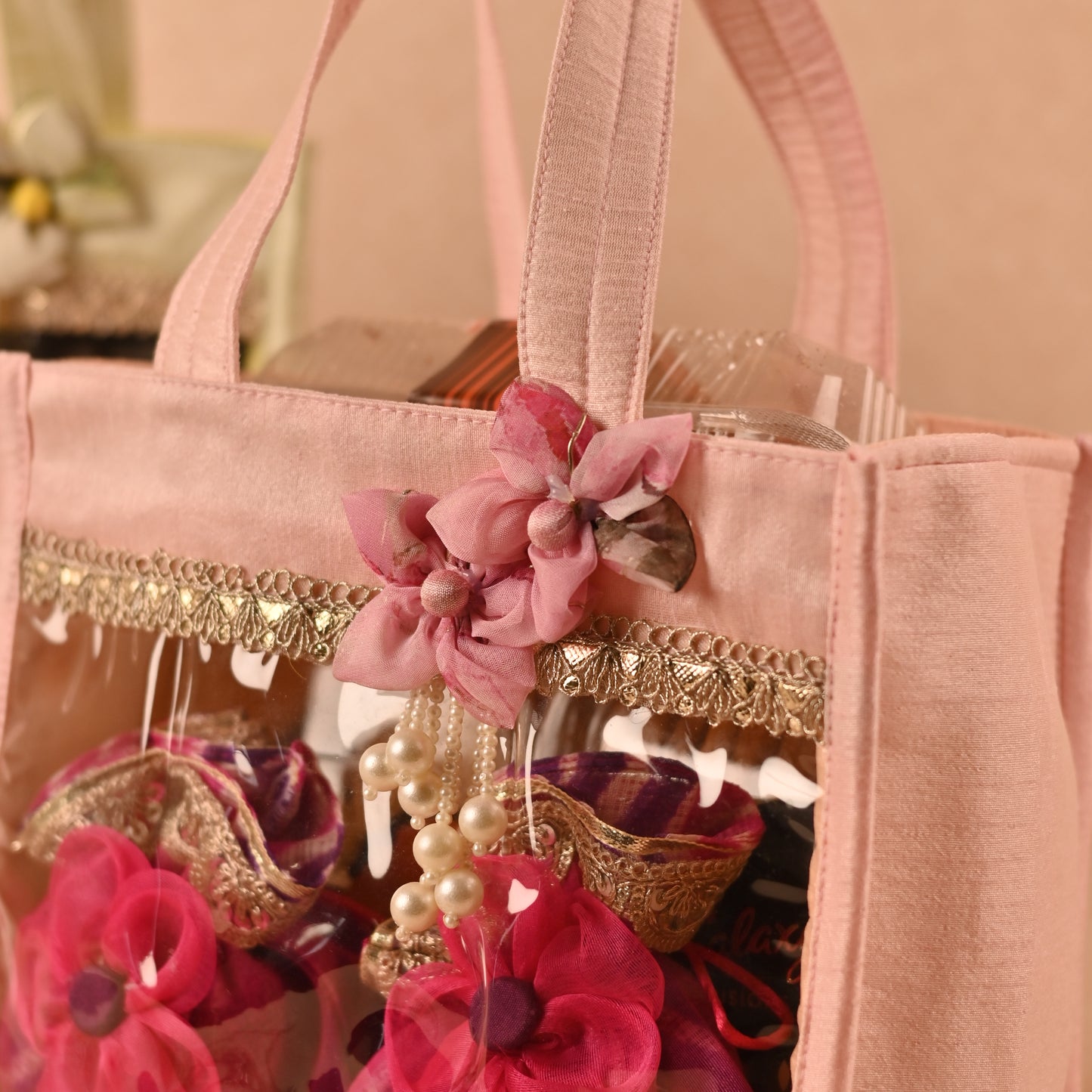 Banaavat Essence Dupion Silk Room Hamper – Transparent Front & Handcrafted Flower (9"x8.5"x5.5")