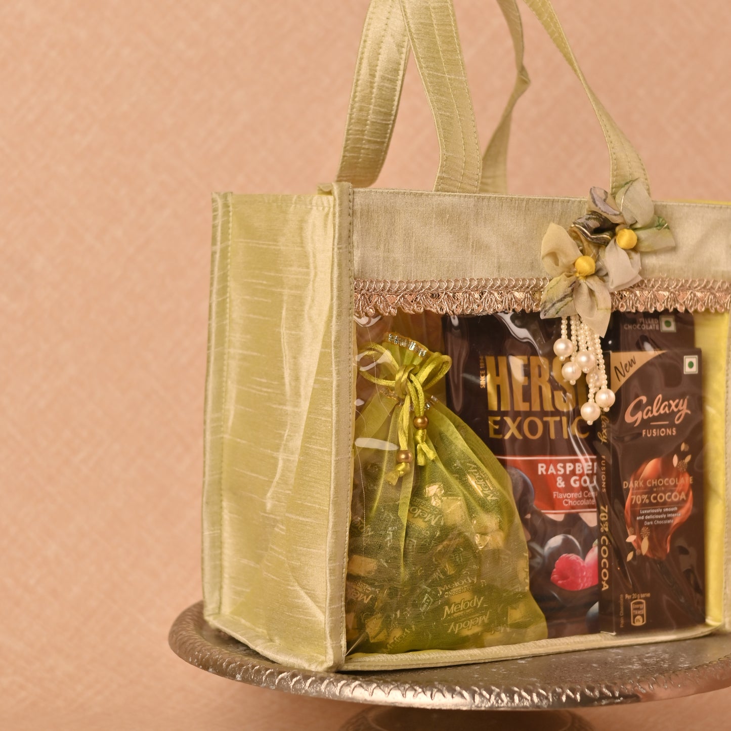Banaavat Essence Dupion Silk Room Hamper – Transparent Front & Handcrafted Flower (9"x8.5"x5.5")