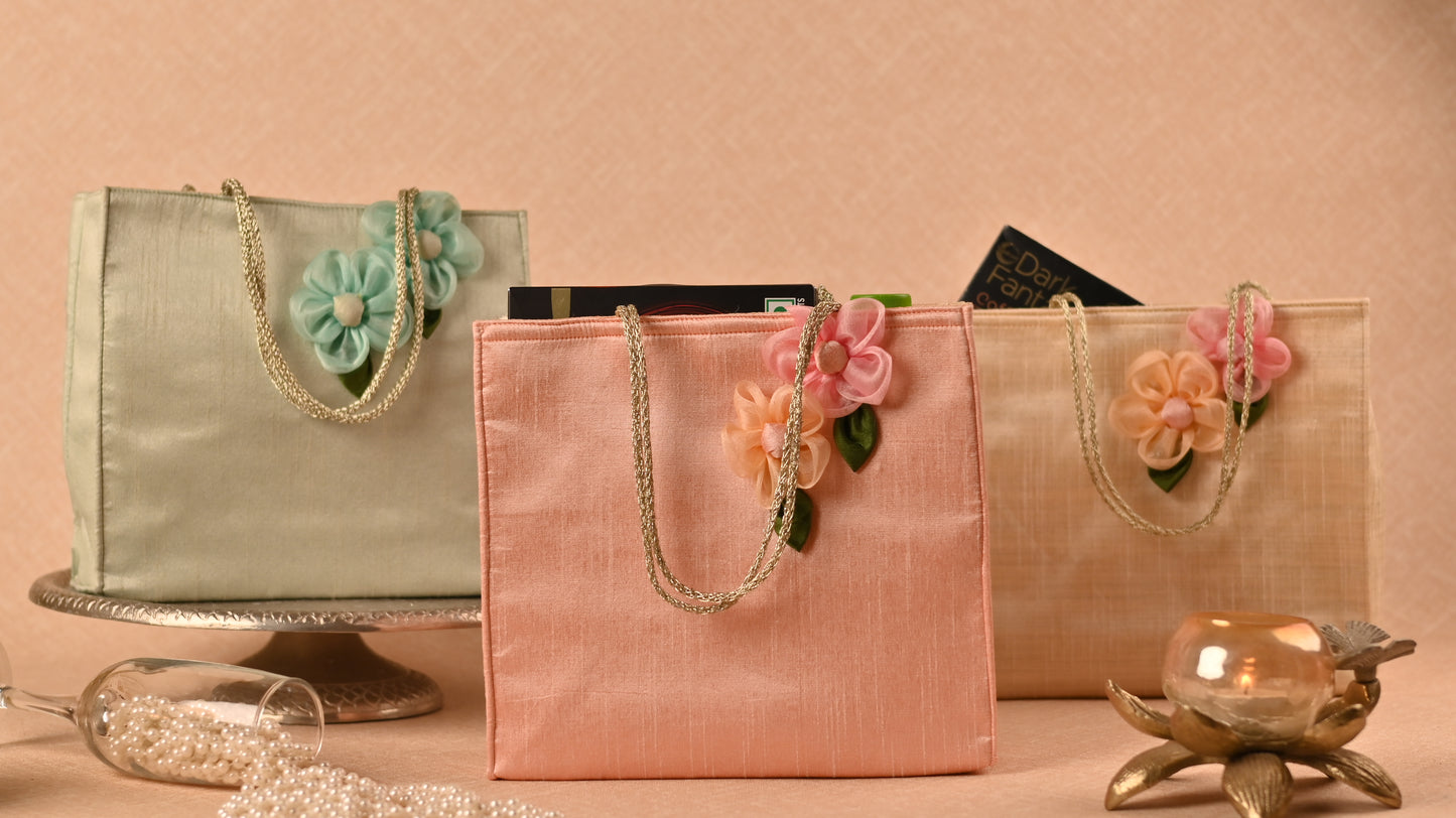 Banaavat Essence Dupion Silk Hamper Bag – Handcrafted Floral & Golden Dori Handle (9.5"x8.5"x3.2")