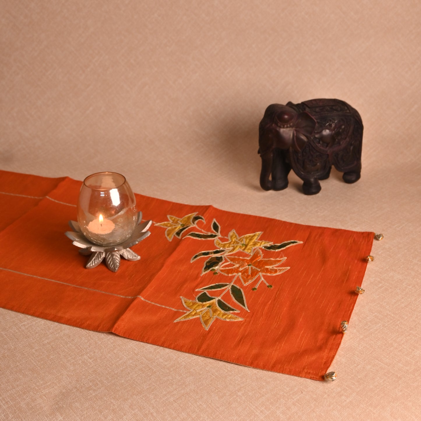 Banaavat Essence Silk Table Runner – Brocade Patchwork with Gota Outlining & Handcrafted Tassels (36"x13")