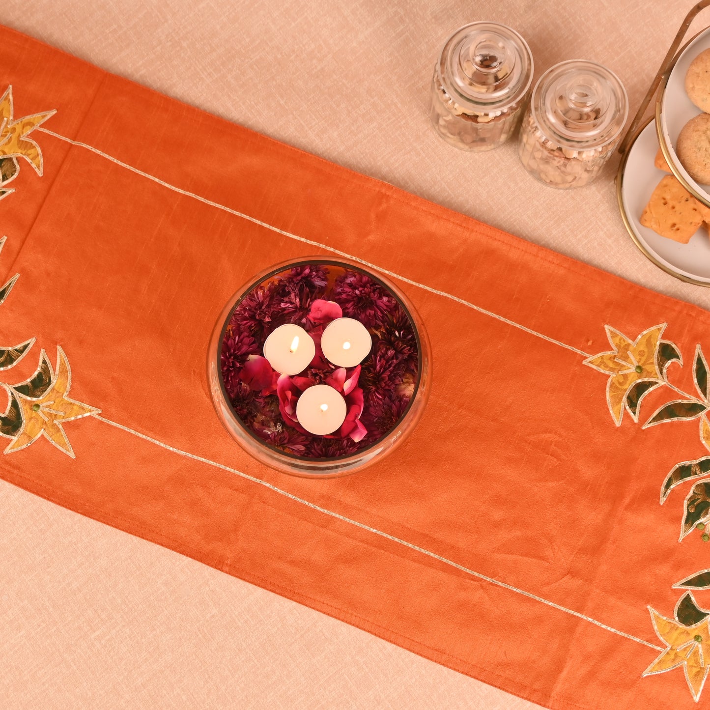 Banaavat Essence Silk Table Runner – Brocade Patchwork with Gota Outlining & Handcrafted Tassels (36"x13")