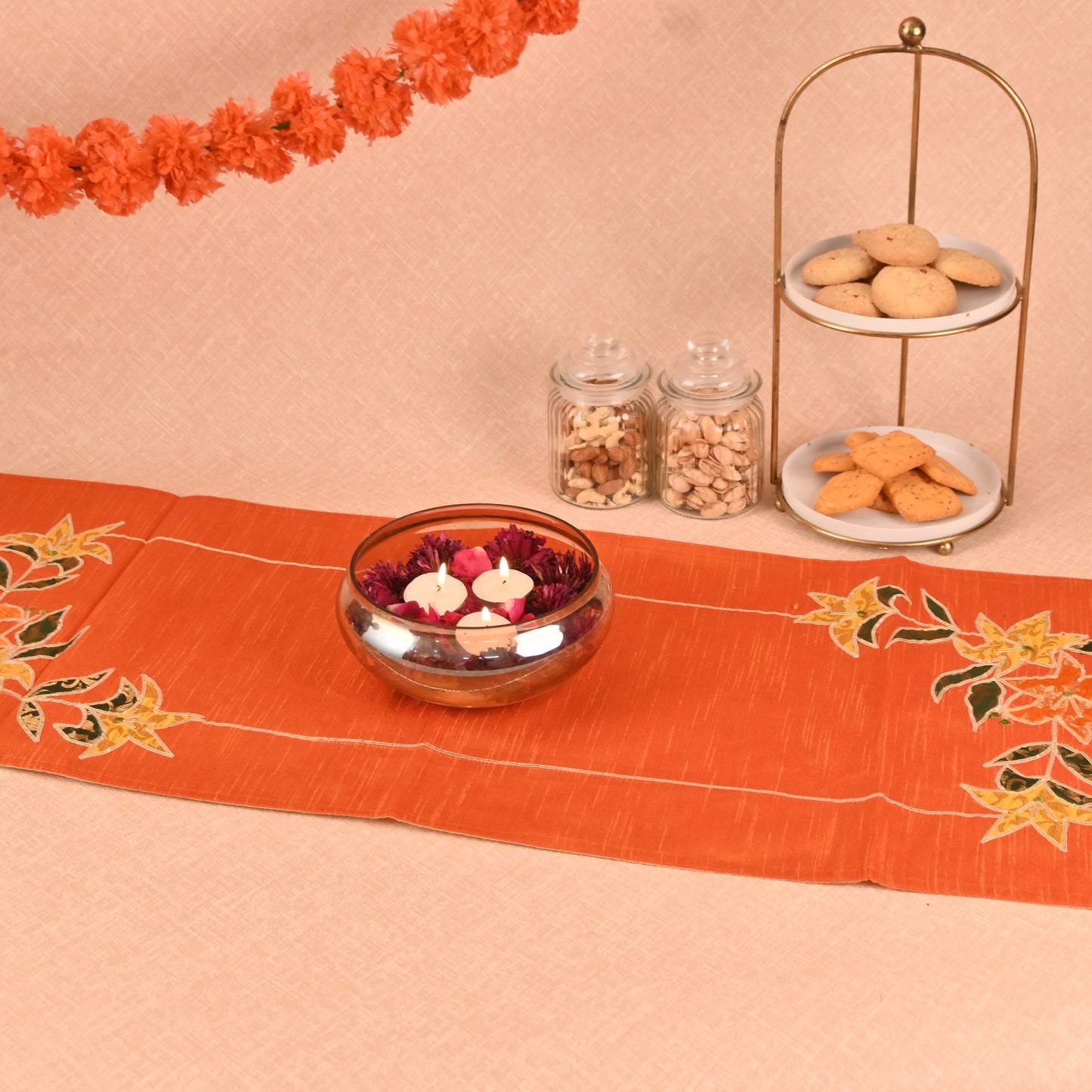 Banaavat Essence Silk Table Runner – Brocade Patchwork with Gota Outlining & Handcrafted Tassels (36"x13")