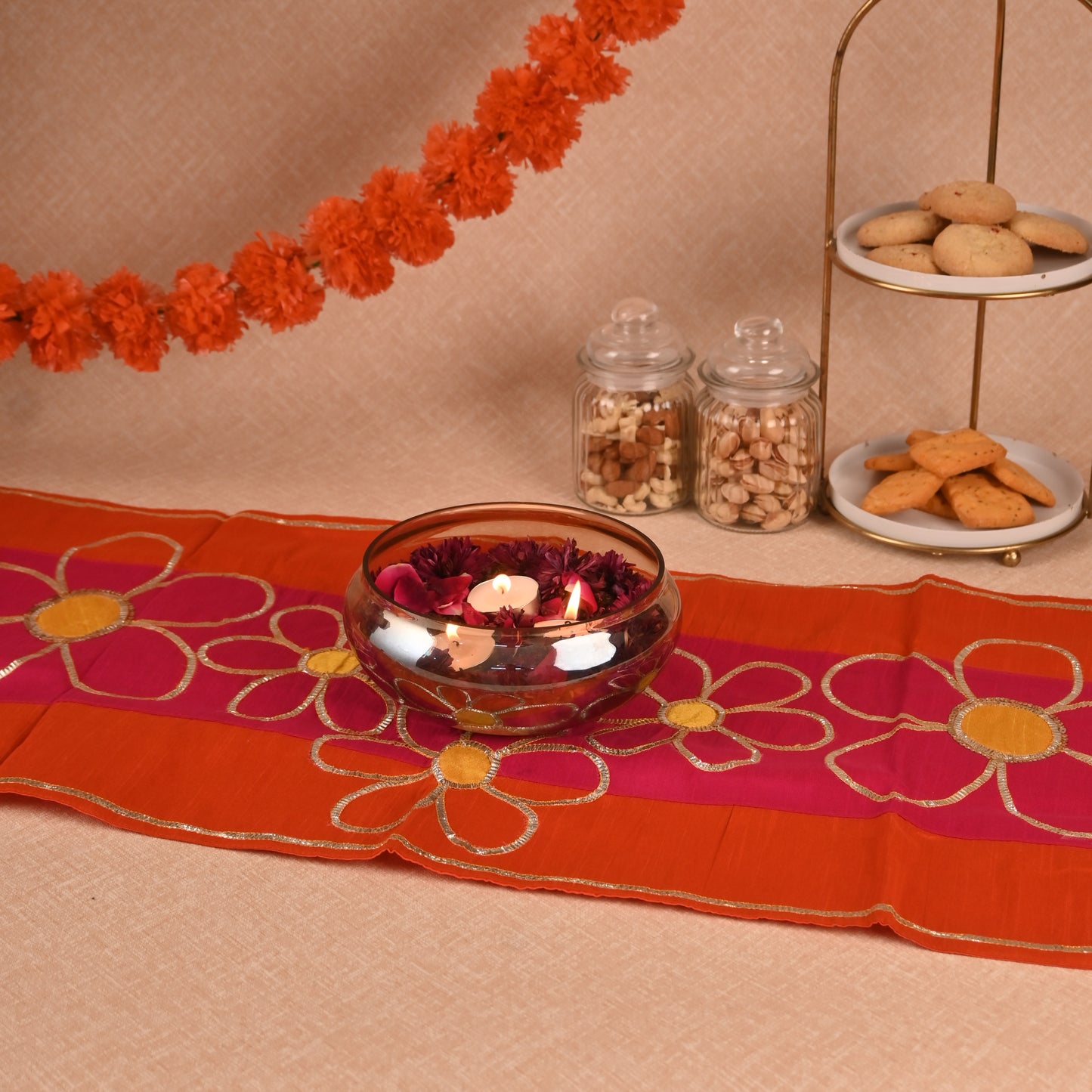 Banaavat Essence Silk Table Runner – Gota Floral Karigari (36"x13", Orange & Hot Pink)