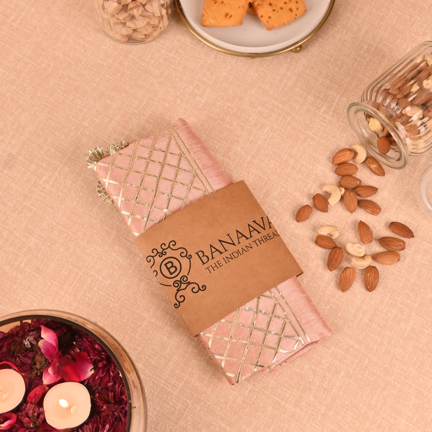 Banaavat Essence Silk Table Runner – Pastel Pink Gota Check Work & Handcrafted Tassels (36"x13")