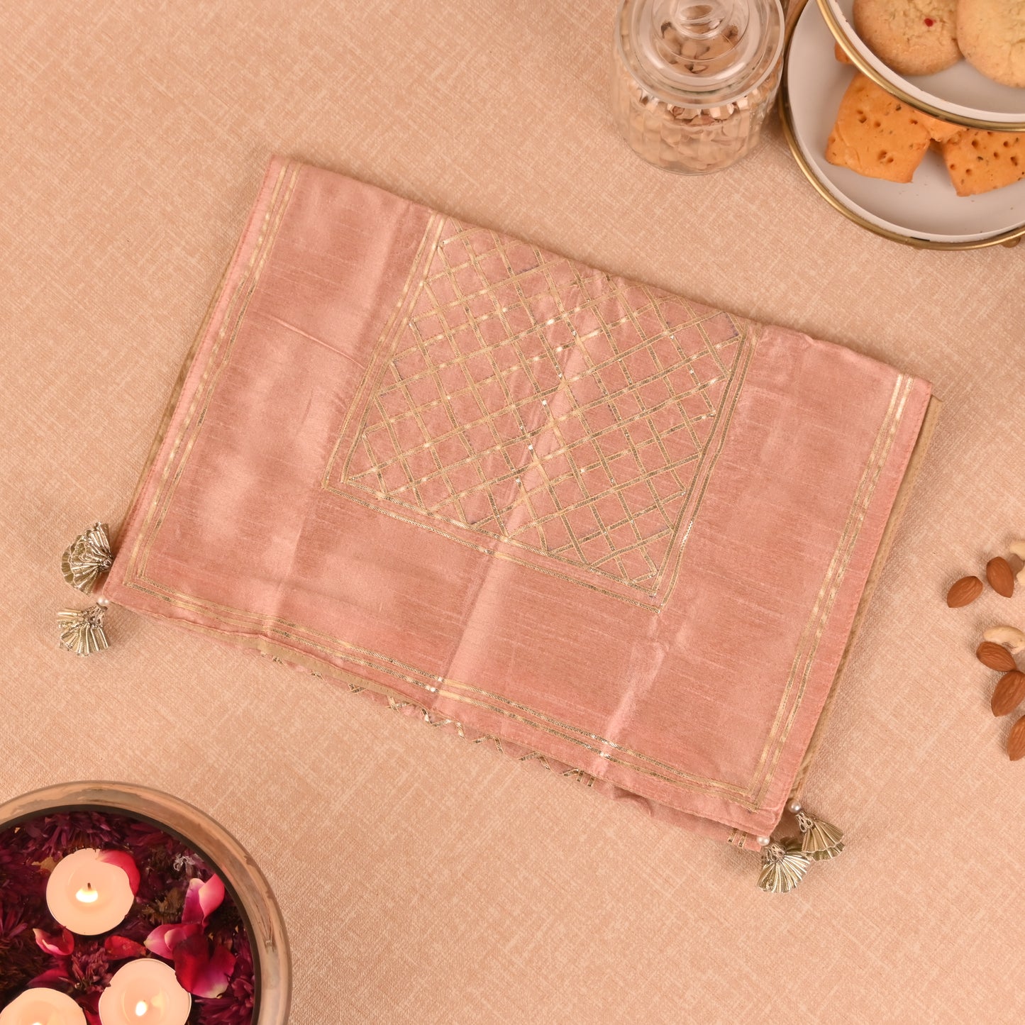 Banaavat Essence Silk Table Runner – Pastel Pink Gota Check Work & Handcrafted Tassels (36"x13")