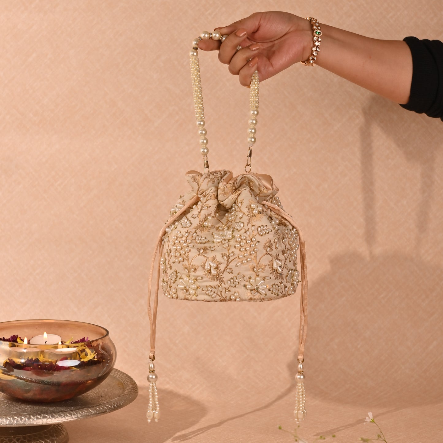 Banaavat Essence Off White Silk Brocade Potli – Pearl Embellished with Circular Base