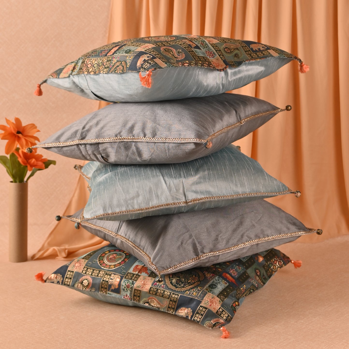 Banaavat Essence Silk Cushion Cover Set – Pastel Print & Gota Lace Detailing (Set of 5, 16"x16")