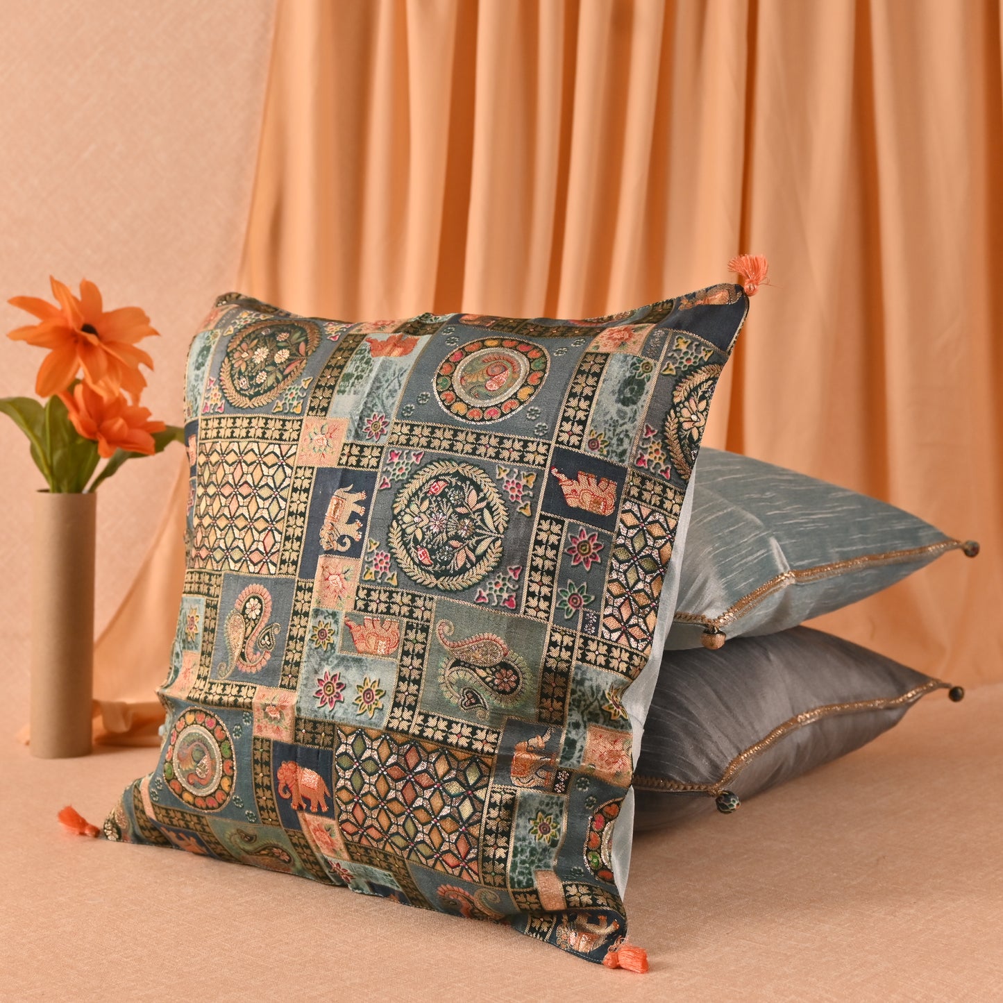 Banaavat Essence Silk Cushion Cover Set – Pastel Print & Gota Lace Detailing (Set of 5, 16"x16")