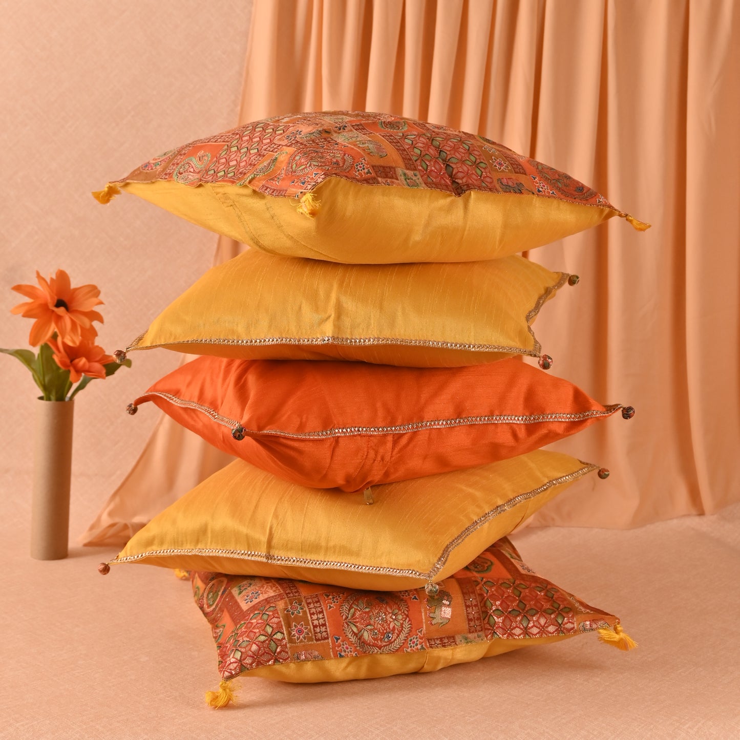 Banaavat Essence Silk Cushion Cover Set – Yellow Print & Gota Lace Detailing (Set of 5, 16"x16")